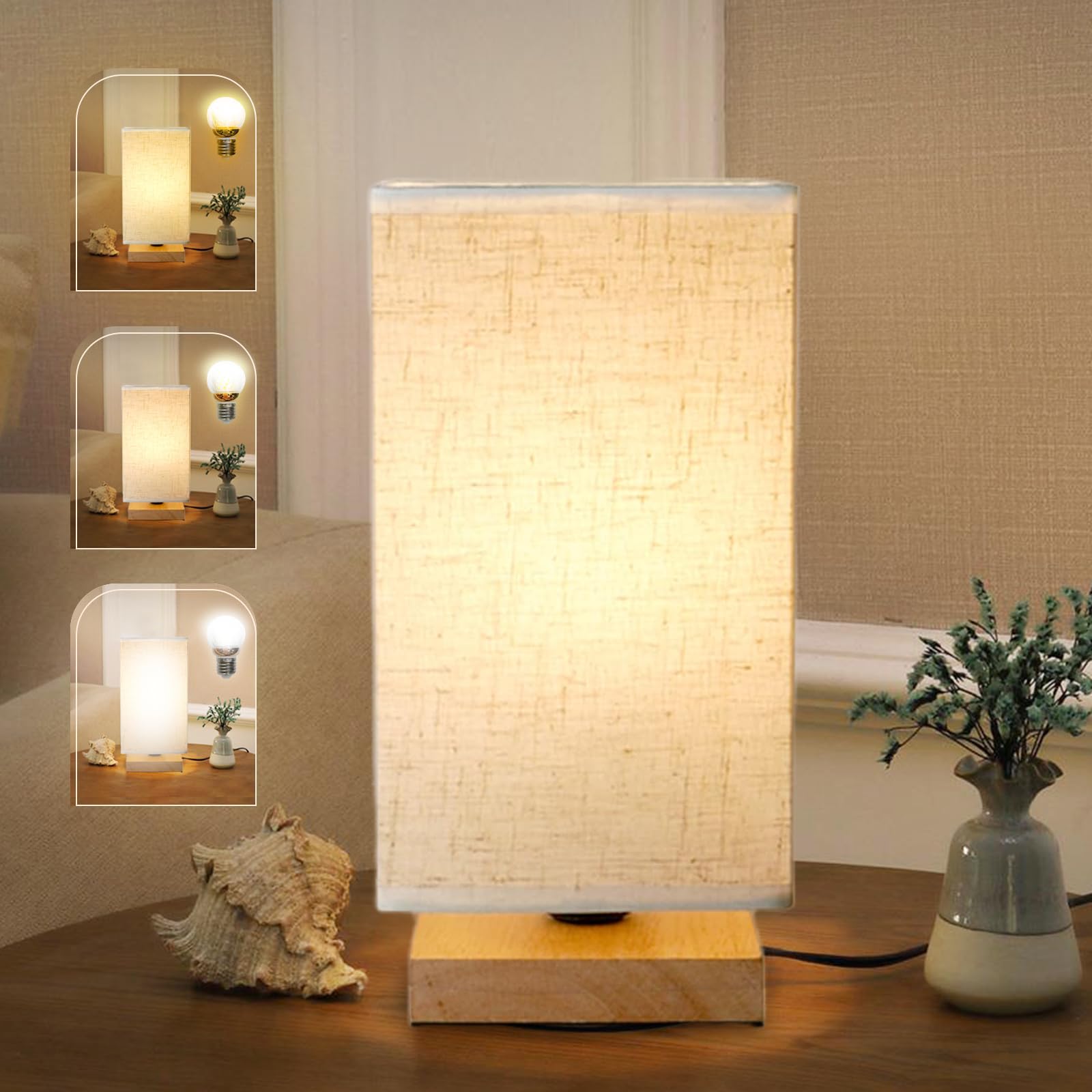 Small Bedside Lamps, 3 Color Temperature Table Lamp Minimalist Small Nightstand Bedroom Lamp with Square Fabric Shade