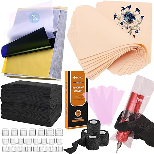 614Pcs Tattoo Skin Practice Kit for Beginners - Autdor Professional Training Set Include 10 Realistic Fake Skin Sheets with 50 Transfer Paper 300 Ink Caps 200 Machine Covers 4 Grip Tape 50 Dental Bibs
