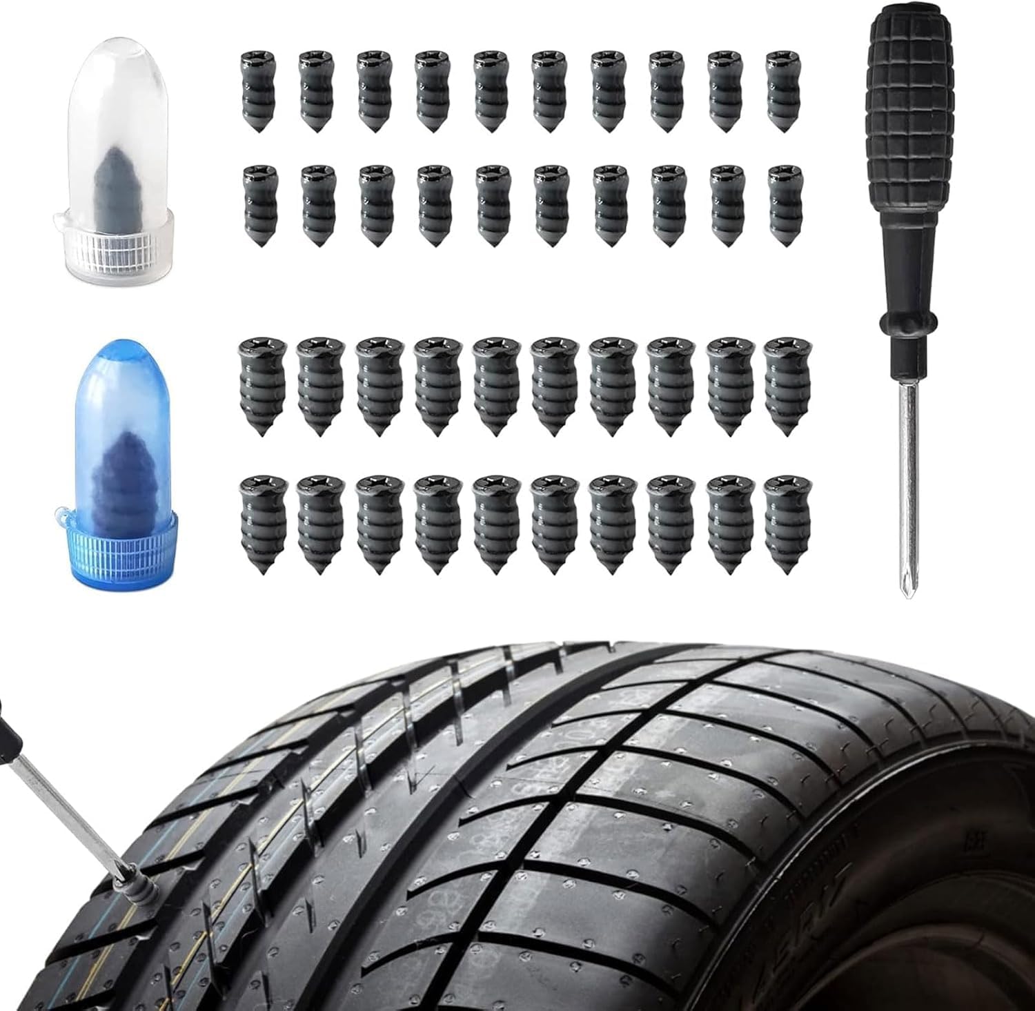 Lonimia Tire Repair Nail Set With Screw driver, 20 Small and 20 Large Car Tire Fast Repair Screw Nails, Easy Install Rubber Self-Service Tire Repair Tool Kit