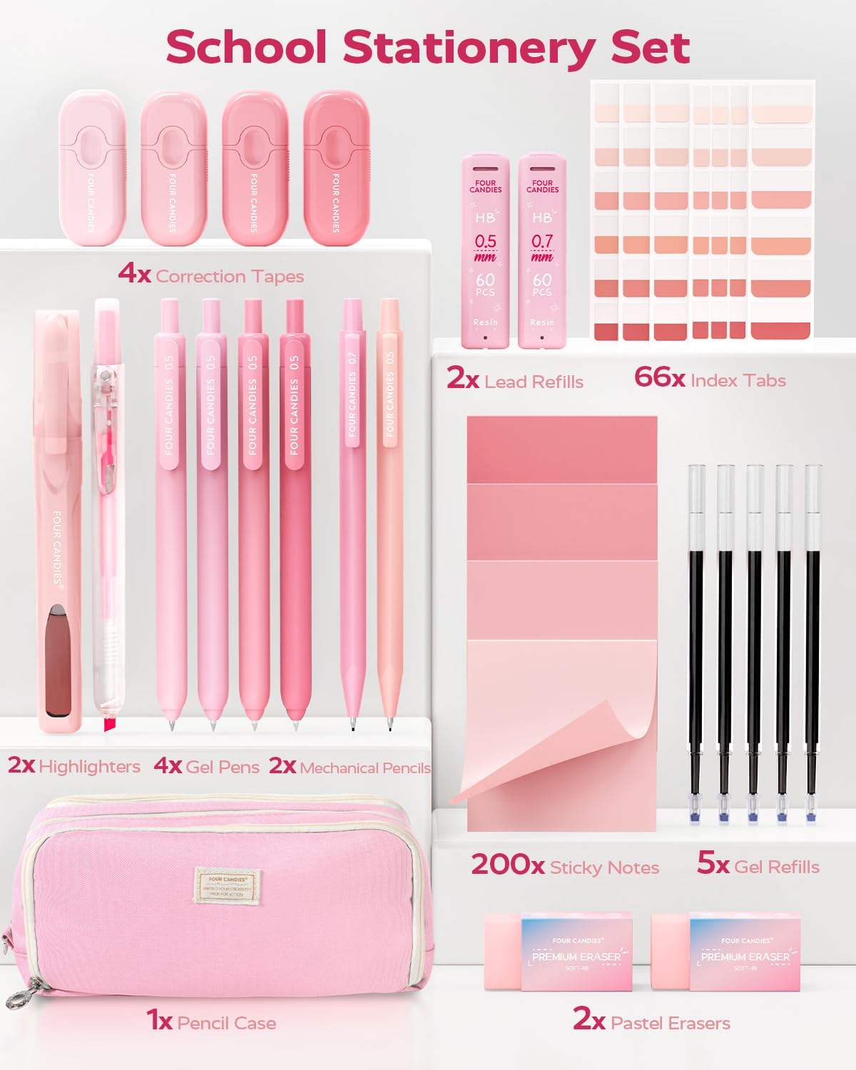 Four Candies Pink School Supplies with Case, Gel Pens with Black Ink, Correction Tapes, Pastel Highlighters, Mechanical Pencils, Sticky Notes, Index Post for Bible Study Stationary College Essentials - Image 8