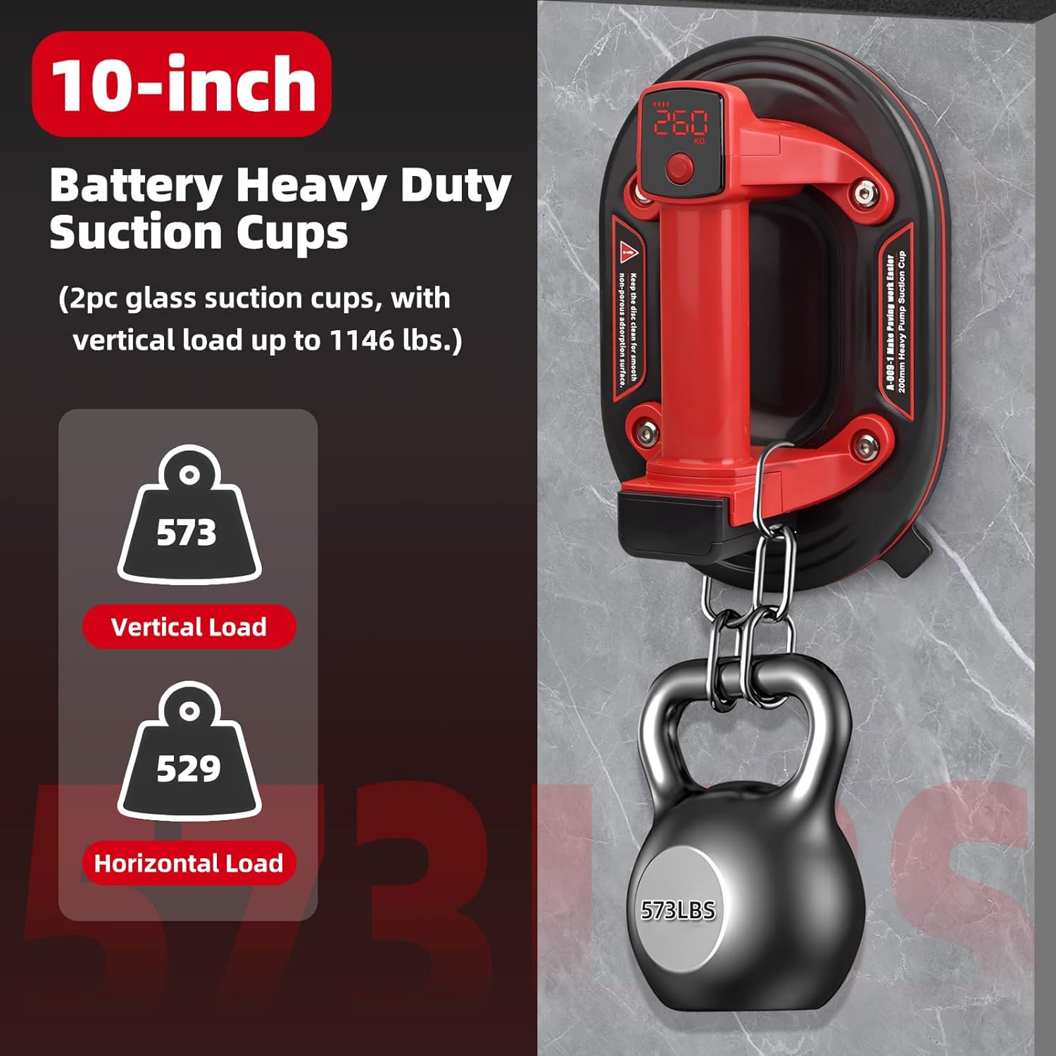 Electric Suction Cup Lifter Max Load 573 lbs, 10" Base with LED Display for Battery Suction Cup, Two Removable 3000 mAh Batteries for Lifting Large Glass, Granite, Tiles, Metal