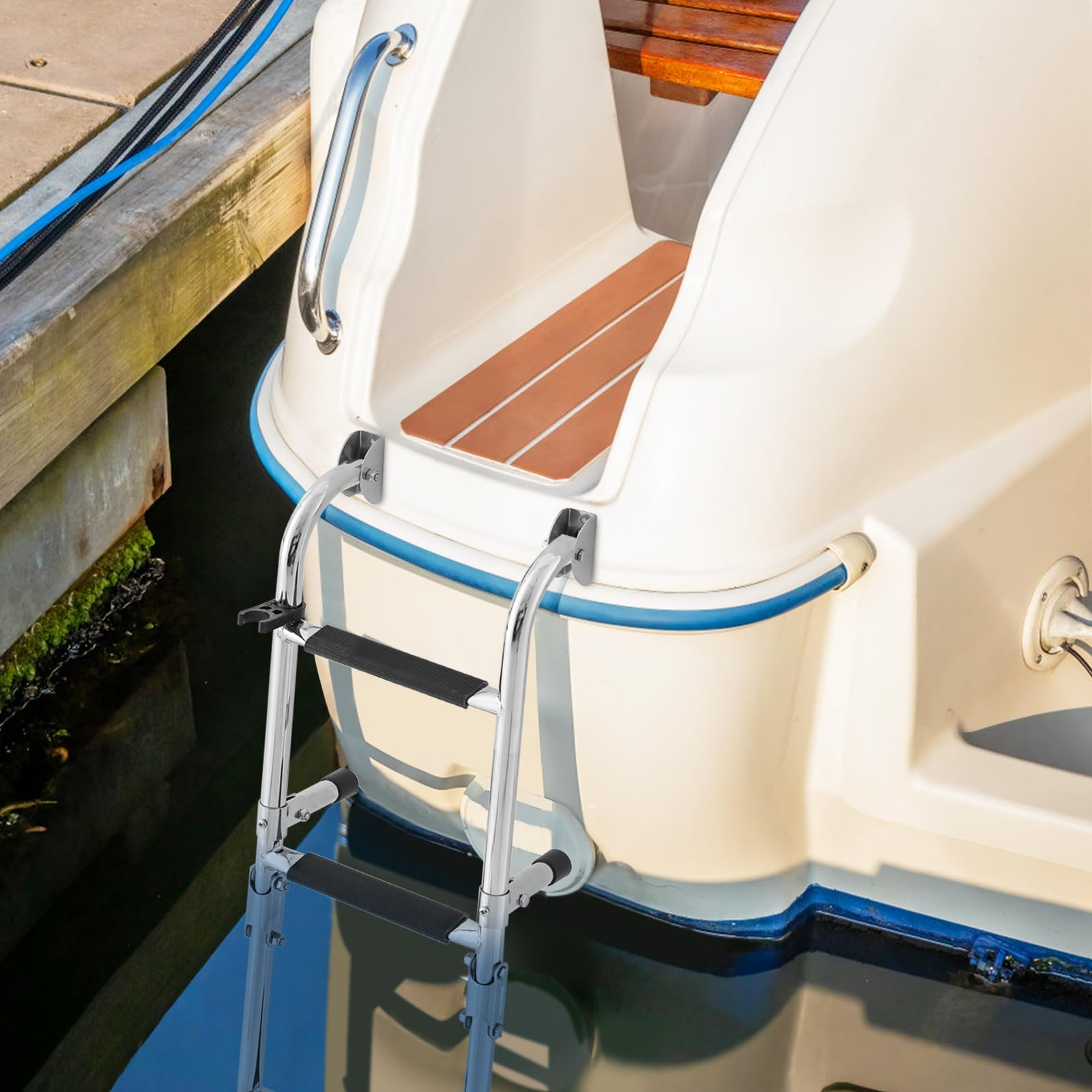 FANTASK Échelle de Piscine avec Arceau - Échelle de Bateau Pliable avec 4 marches antidérapantes - Échelle de Bain en Acier Inoxydable - Jusqu'à 227 kg