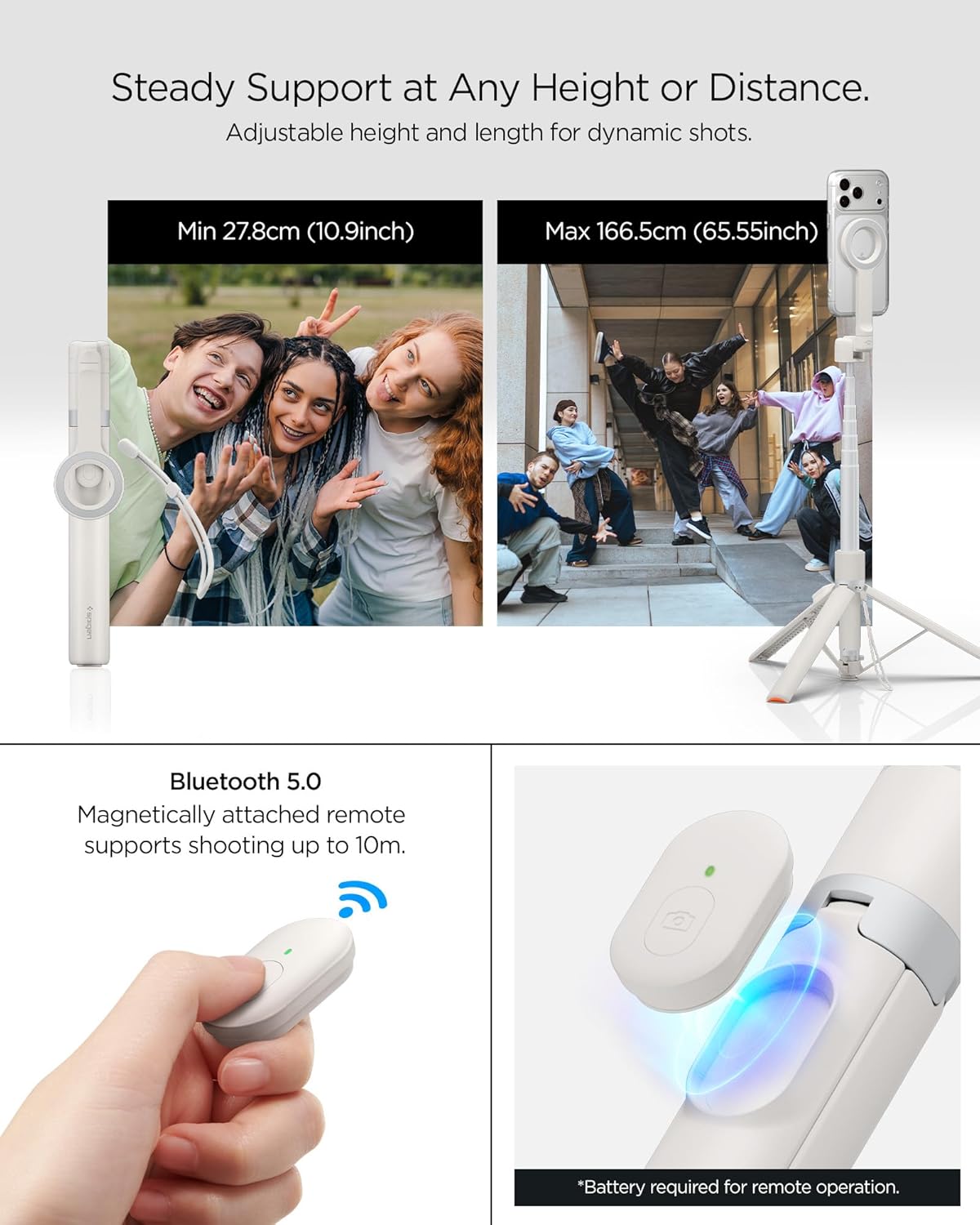 Spigen Selfie Stick Automatic Tripod Stand with Bluetooth Remote Control Shutter 66" Extendable Compatible with MagSafe iPhone 17/16/15/14/13/12 Pixelsnap Pixel 10 Series & More - Dune Beige (S582W)