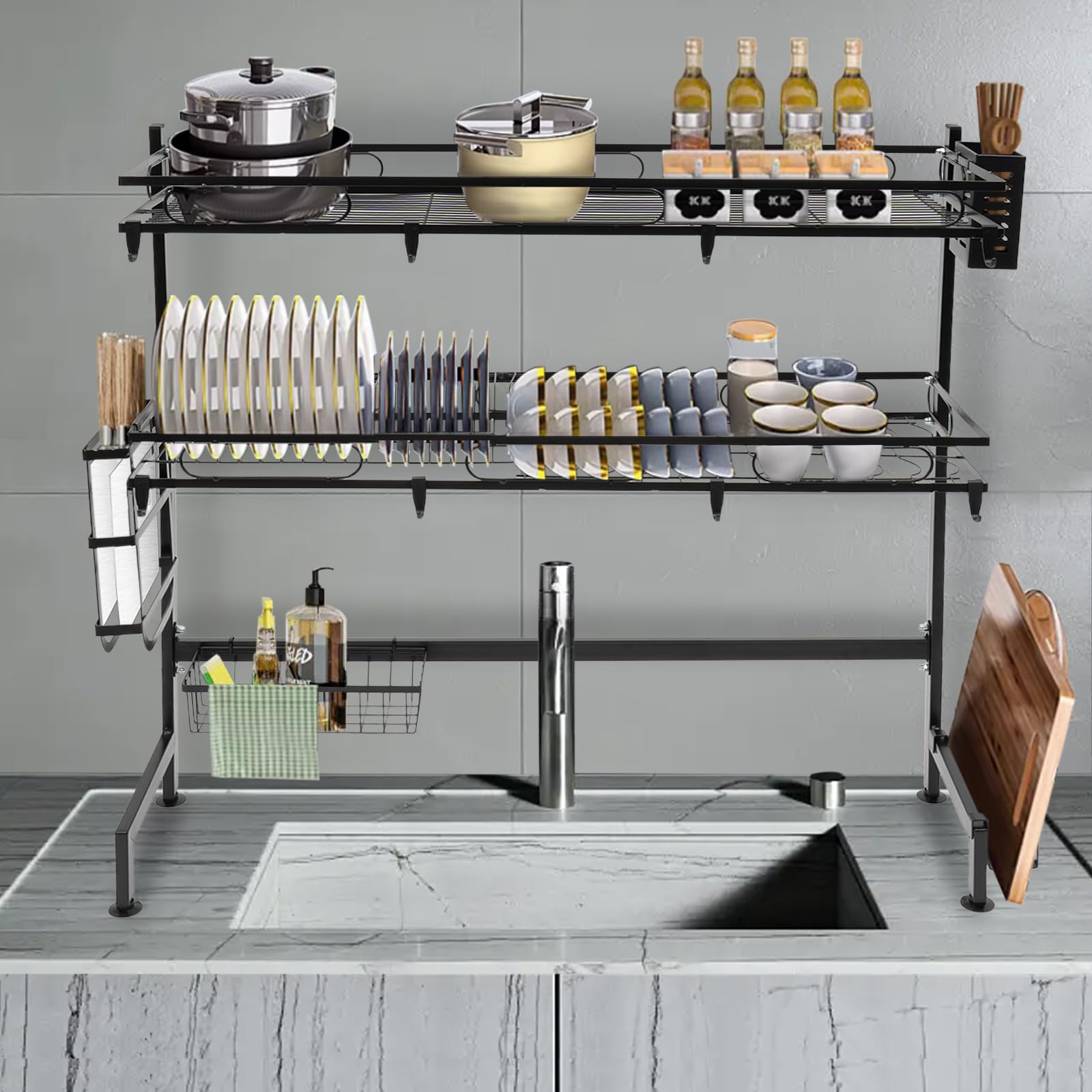 Escurreplatos para platos, escurreplatos sobre fregadero, 2 niveles, acero inoxidable, bandeja de goteo con soporte para utensilios, soporte para tabla de cortar, bloque de cuchillos, 82 cm