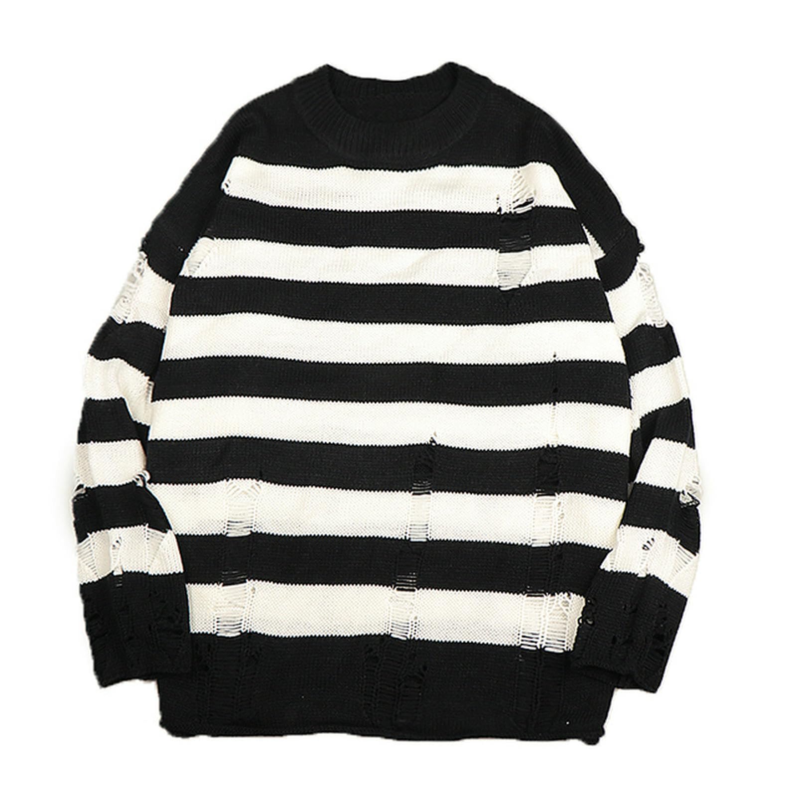 Weiting Men's Black/White Striped Sweater Ripped Sweater Pullover Hollow Out Hole Knit Jumpers Punk Unisex Loose Oversized Pullovers Streetwear-M