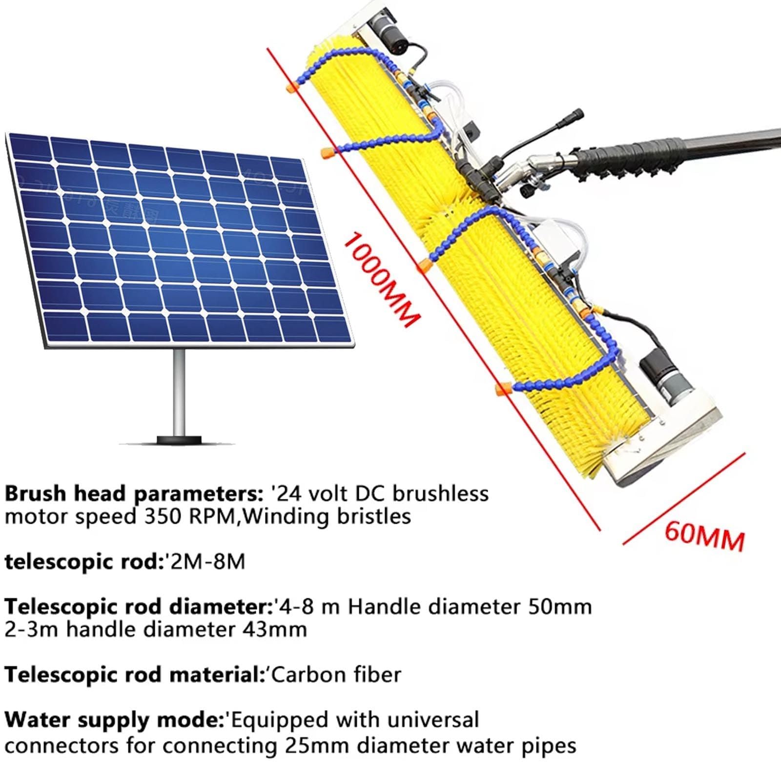 Wysuwany zestaw do czyszczenia paneli słonecznych, aluminiowy drążek zasilany wodą 2-8 m, szczotka rolkowa o szerokości 99 cm i rakla do czyszczenia na mokro/sucho, narzędzie do mycia okien na