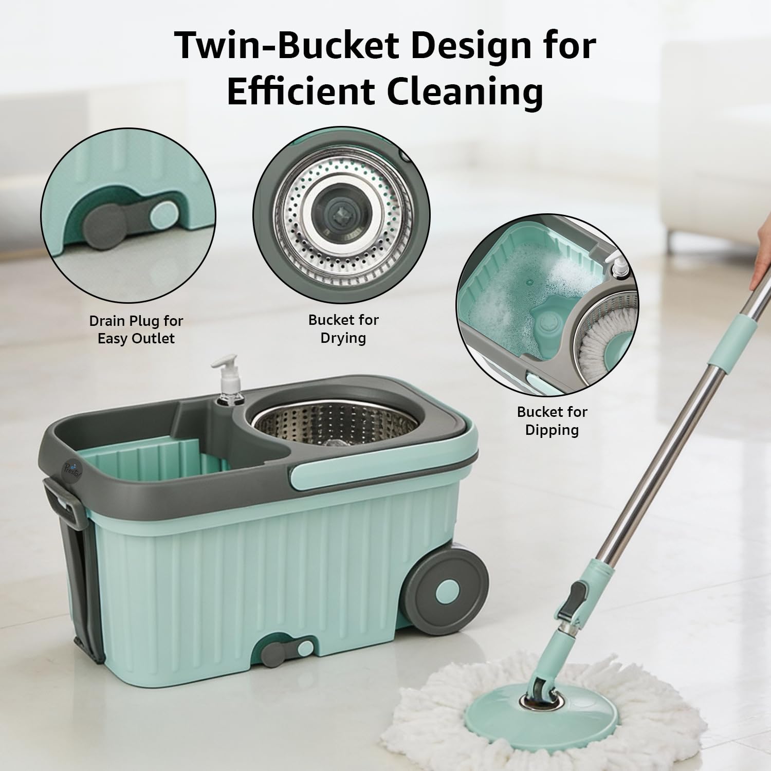 Amazon Brand - Presto! Elite Spin Mop with Steel Wringer and Auto-fold Handle, Green, 2 Refills 2
