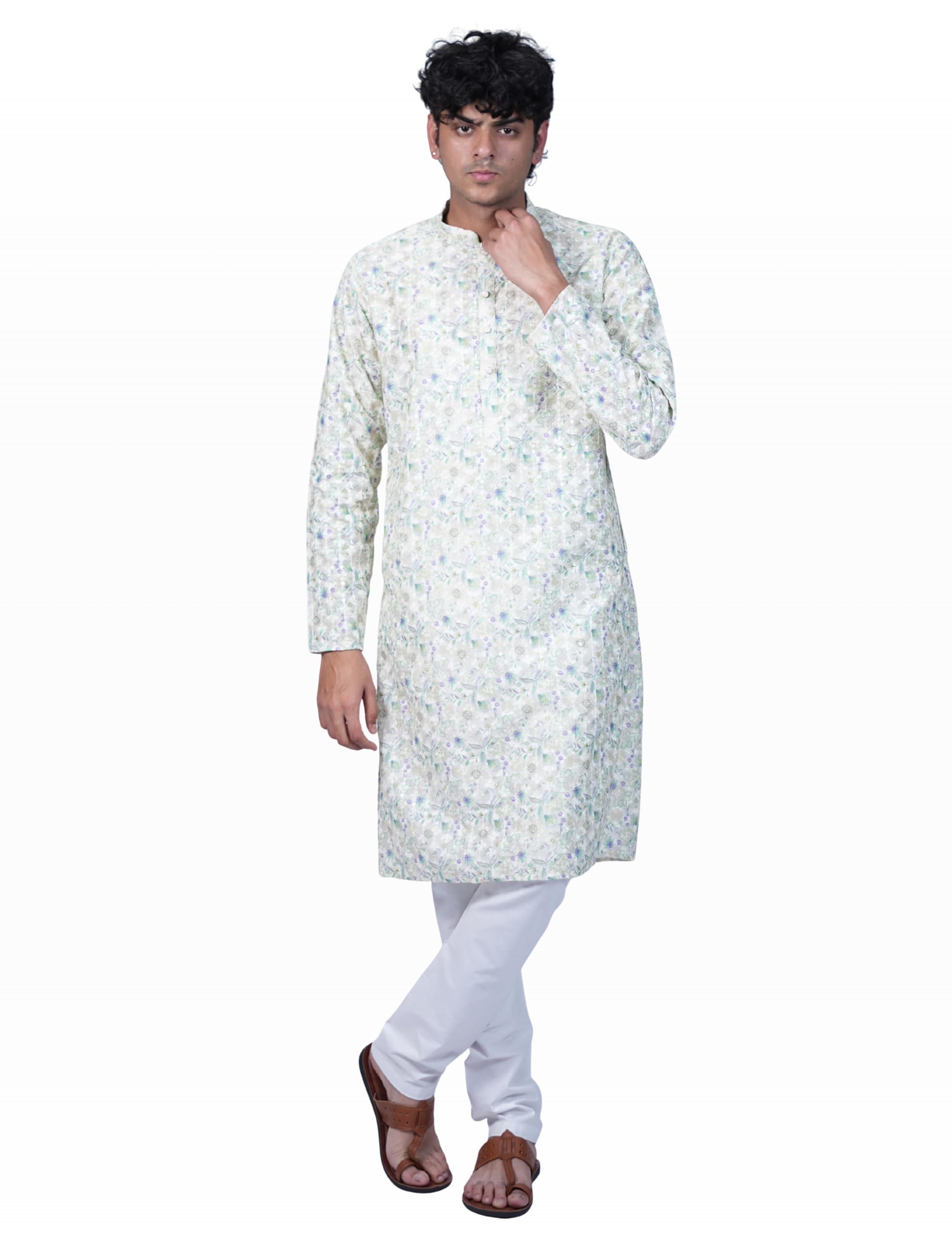 mridang Men's Chikankari Floral Kurta with Churidar Pyjama Set | Straight Kurta Pyjama Set with Chiken Embroidery | White Cotton Churidar Pyjama | Ethnic Wear for Wedding Festival Pooja-picture-25