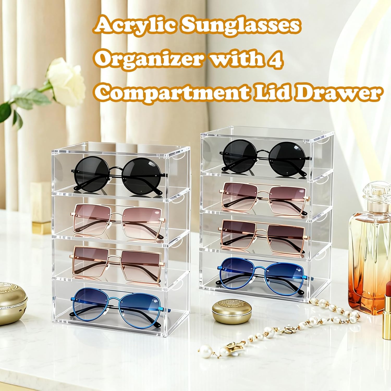 5 Pcs Acrylic Sunglass Organizer with 4 Drawers Women Eyeglass Storage Tray Transparent Eyewear Storage Display Case for Multiple Pair Glasses Jewelry Watch