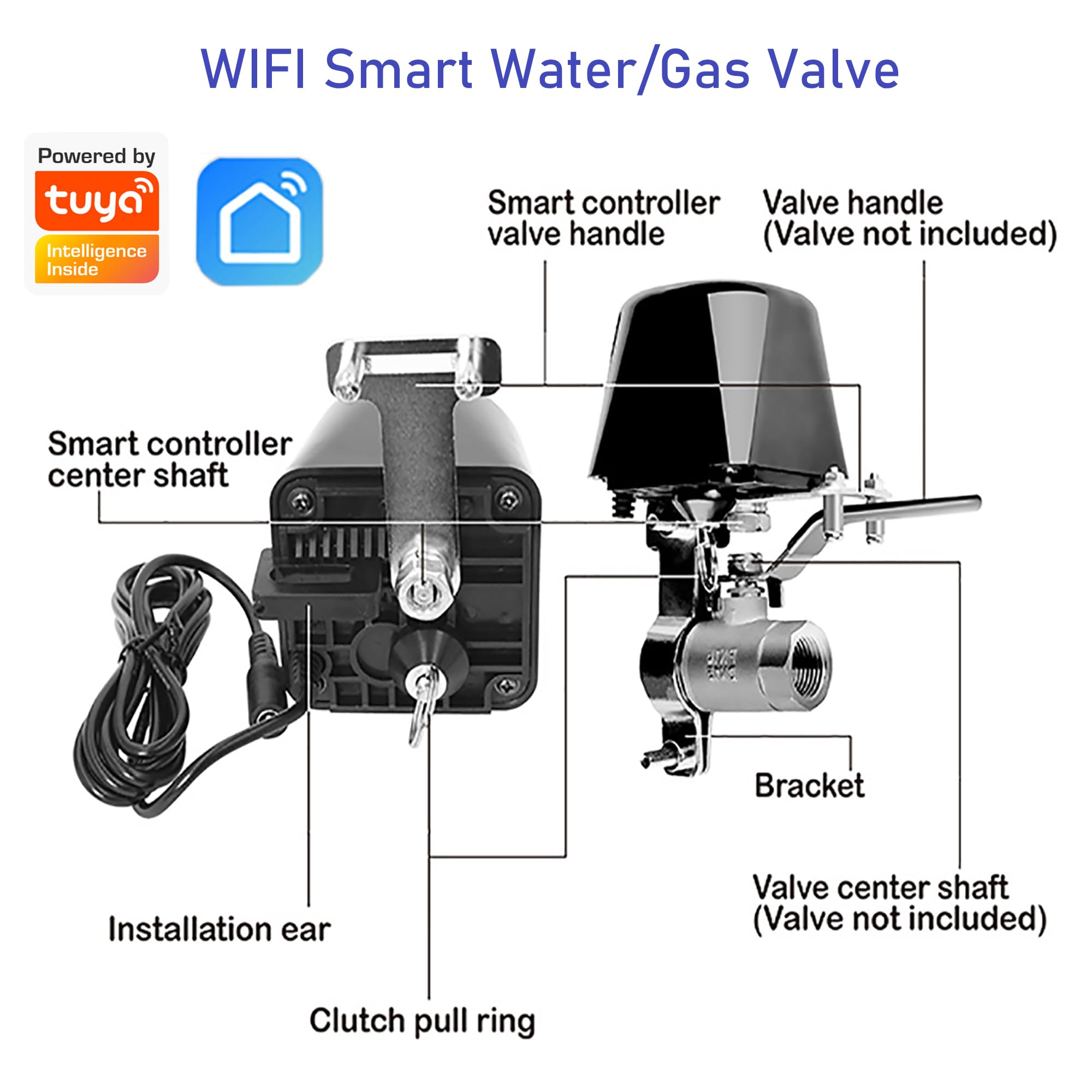 Valve d'eau intelligente : contrôleur WiFi minuterie d'arrêt de vanne, télécommande par application, compatible Amazon Alexa et Google Home, pour la ferme de jardin