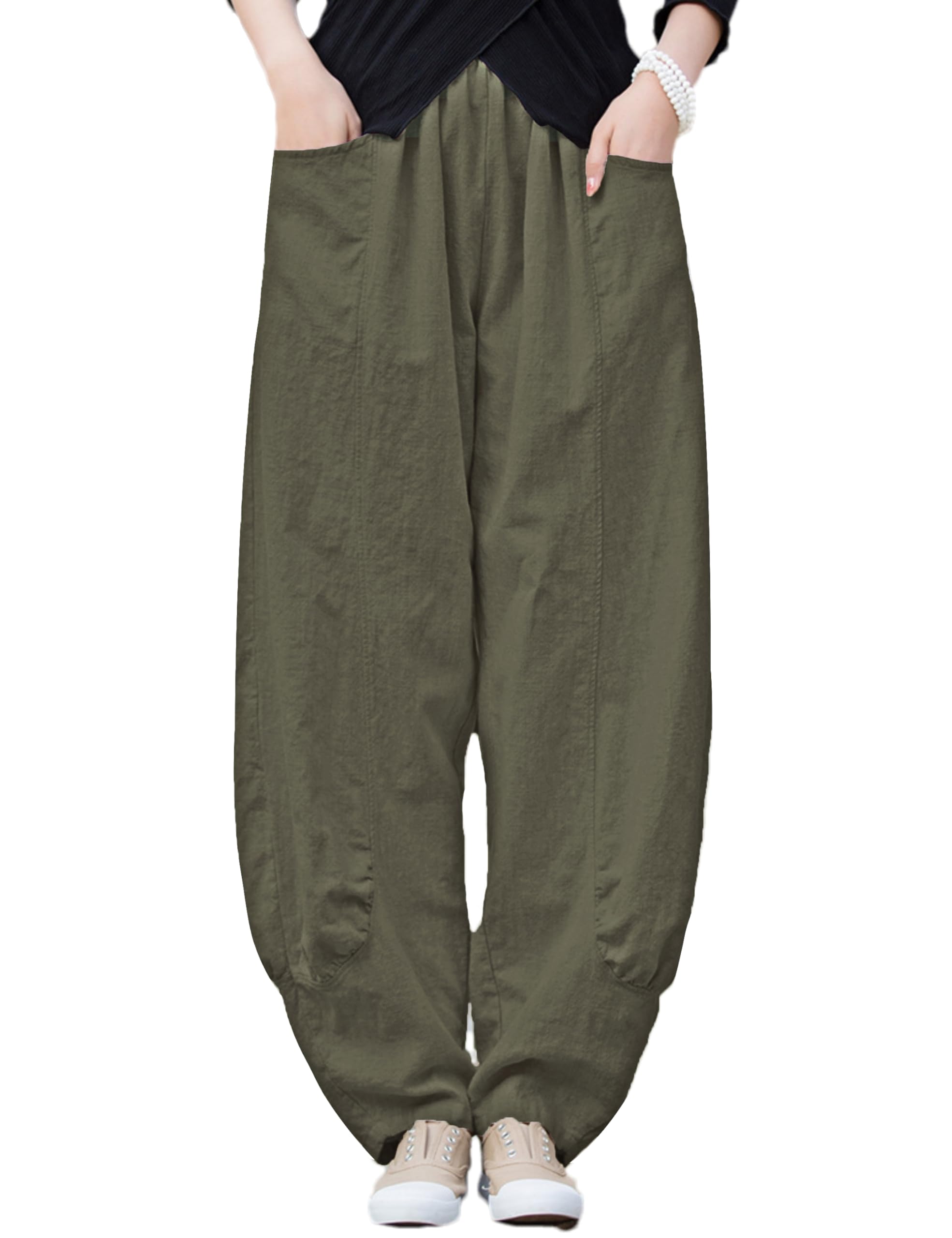 Womens Cotton Linen Pants Casual Elastic Waist Relax Fit Lantern Trouser Baggy Pants with Pockets