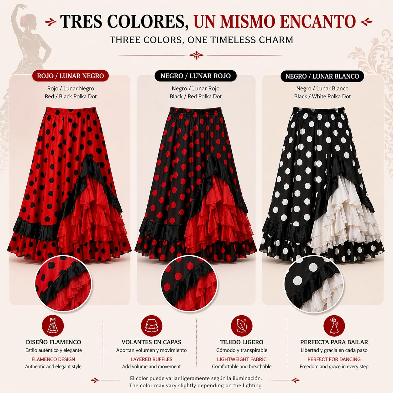 Carnavalife Falda Flamenca Baile sevillanas, Falda de Baile Flamenco, Volantes en Capas diseño asimétrico, Traje Feria, romería, espectáculo