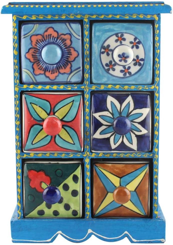 Indian Shelf 1 Piece Vocalforlocal Handmade Multicolor Wooden 6 Drawer Floral Pattern Spice Box Seasoning Masala Organizer Rack Jewellery Container