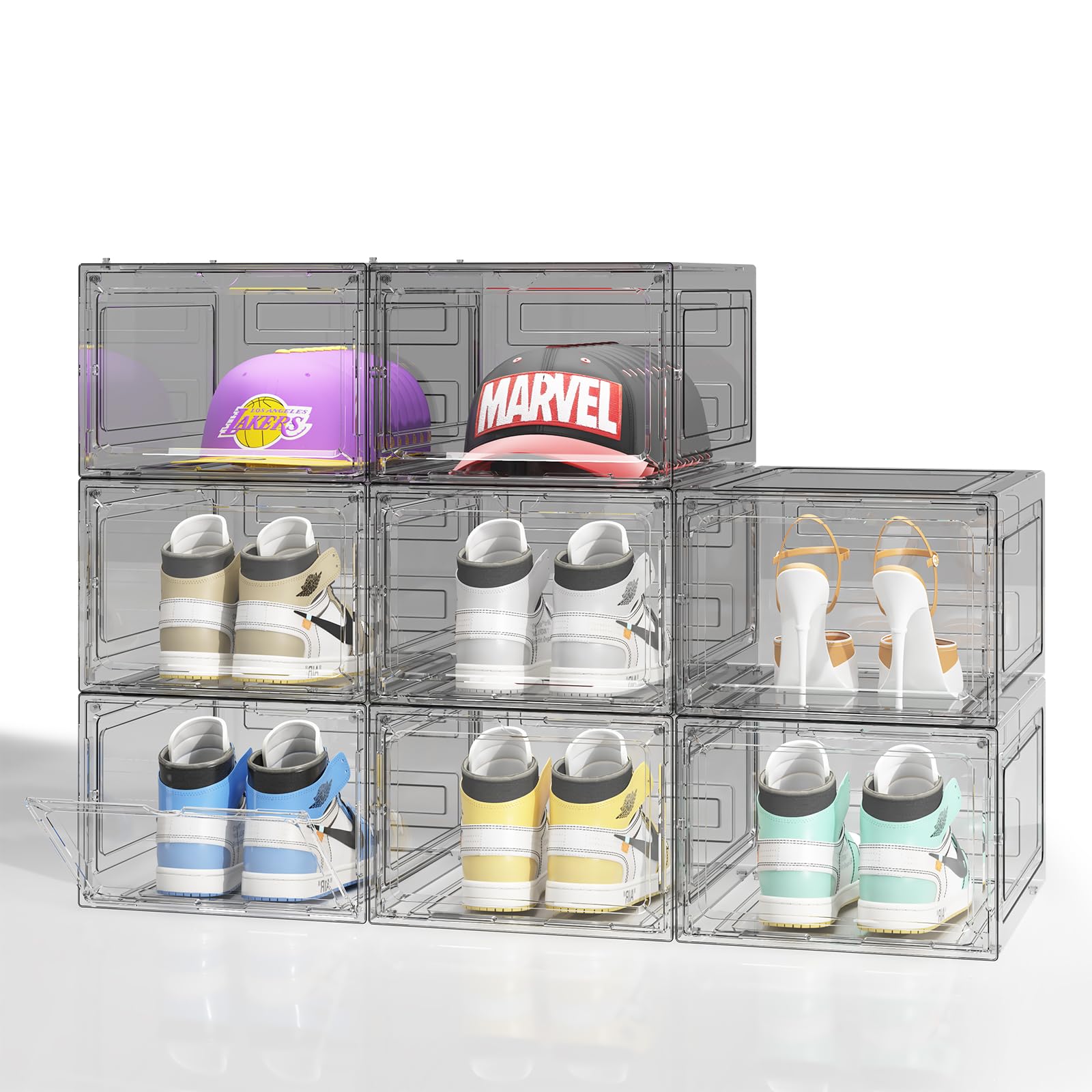 Upgraded Thickened Sturdy Large Shoe Boxes Clear Plastic Stackable 8 Pack Shoe Storage Organizer for Closet/Entryway, Drop front Shoe Box with Magnetic Door, Shoe Display Case, Fit up to US size 14