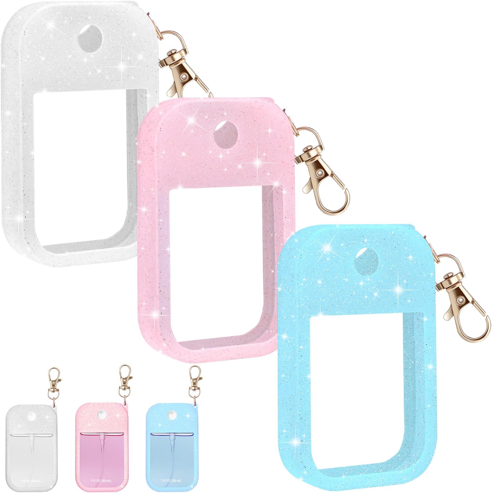Hand Sanitizer Spray Case for Touchland,Protective Case with Keychain for Power Mist and Glow Mist1 fl oz(Glitter Sequin Pink and White and Blue),Travel Size