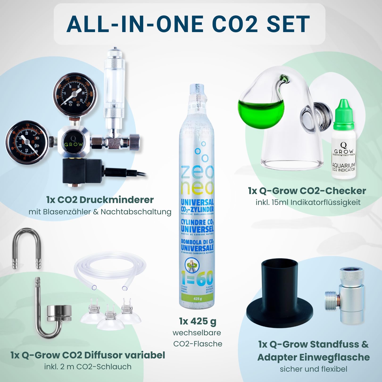Q-Grow CO2 System Aquarium kompletny zestaw – prosty i uniwersalny – zawiera dyfuzor ze stali nierdzewnej, test ciągły, regulator ciśnienia, butelka CO2 425 g, do 500 l