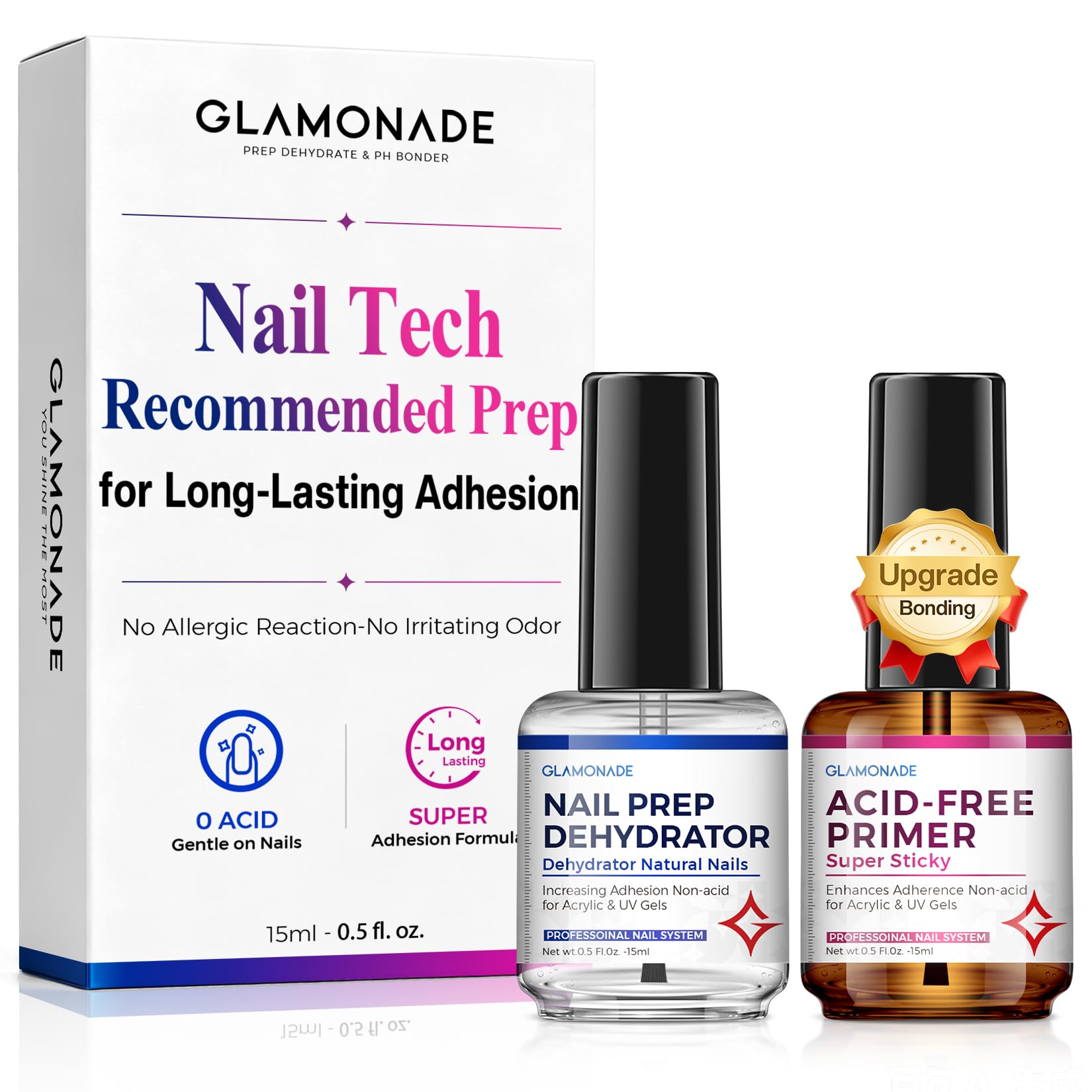 Glamonade Nail Dehydrator and Primer Set 2PCS Acid Free Super Bond Prep Kit