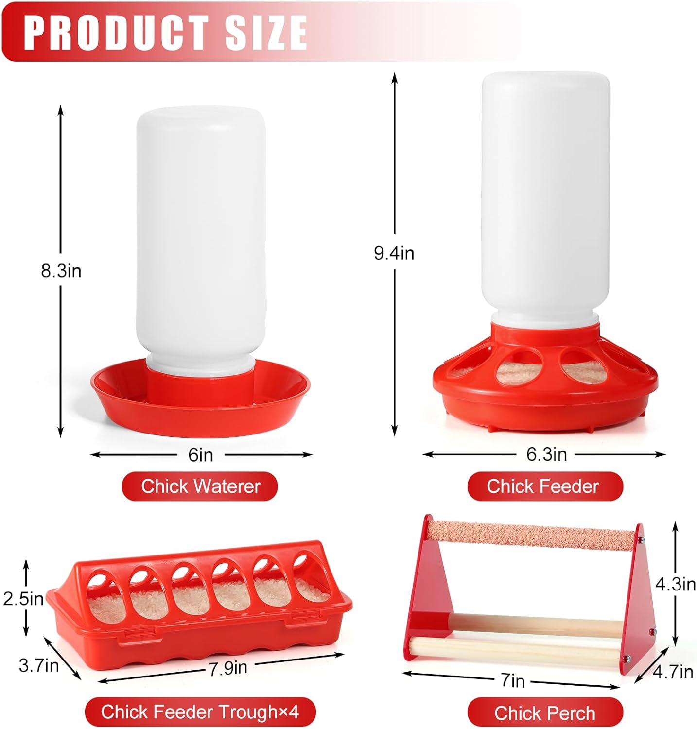 7PCS Chick Feeder and Waterer Kit with Wooden Perch,Baby Poultry Starter Set with Chick Perch for Small Poultry Chicks Ducks Quail Pigeons Birds(Red Chick Feeder Waterer Kit)