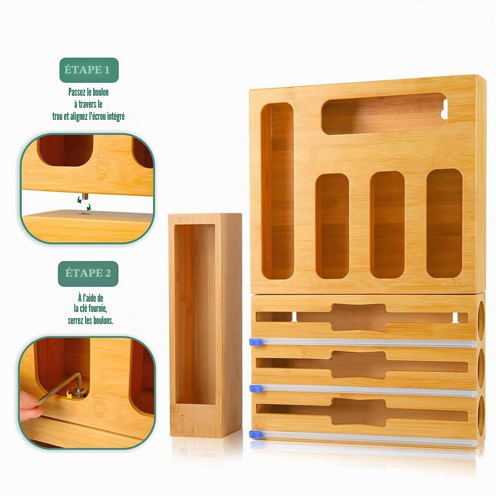 Lot de 3 coupe-capsules, distributeur de film d'aluminium et conservation de la fraîcheur, montage mural, 9 en 1, distributeur de film alimentaire, tiroir en bambou, pour cuisine et tiroirs