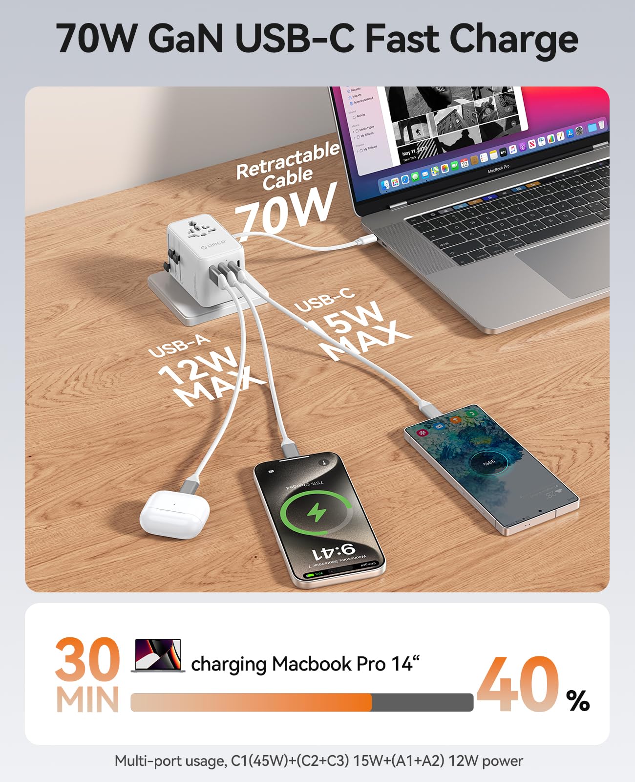 ORICO Uniwersalny adapter wtyczkowy 70W GaN3 z 3 portami USB-C i 2 USB-A, uniwersalny adapter podróżny do Francji na UE, angielski, USA, AU, Chiny, Japonia, Tajlandia - UAX (biały)