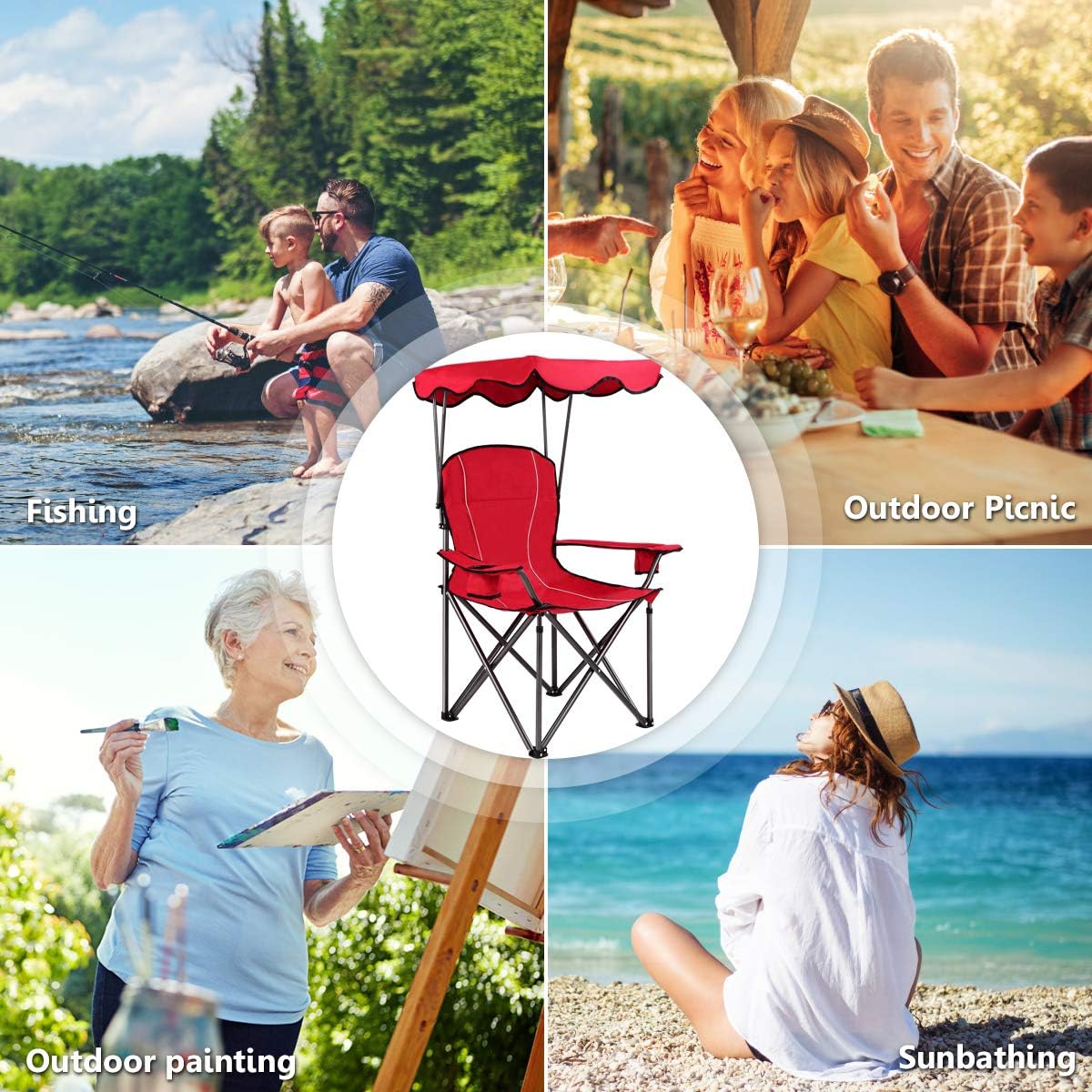 S AFSTAR Safstar Folding Camping Chair with Canopy, Portable Lawn Beach Canopy Chair with Cup Holder & Carry Bag, Load Bearing Up to 265LBS, Folding Chair for Outside Outdoor Travel Hiking Fishing