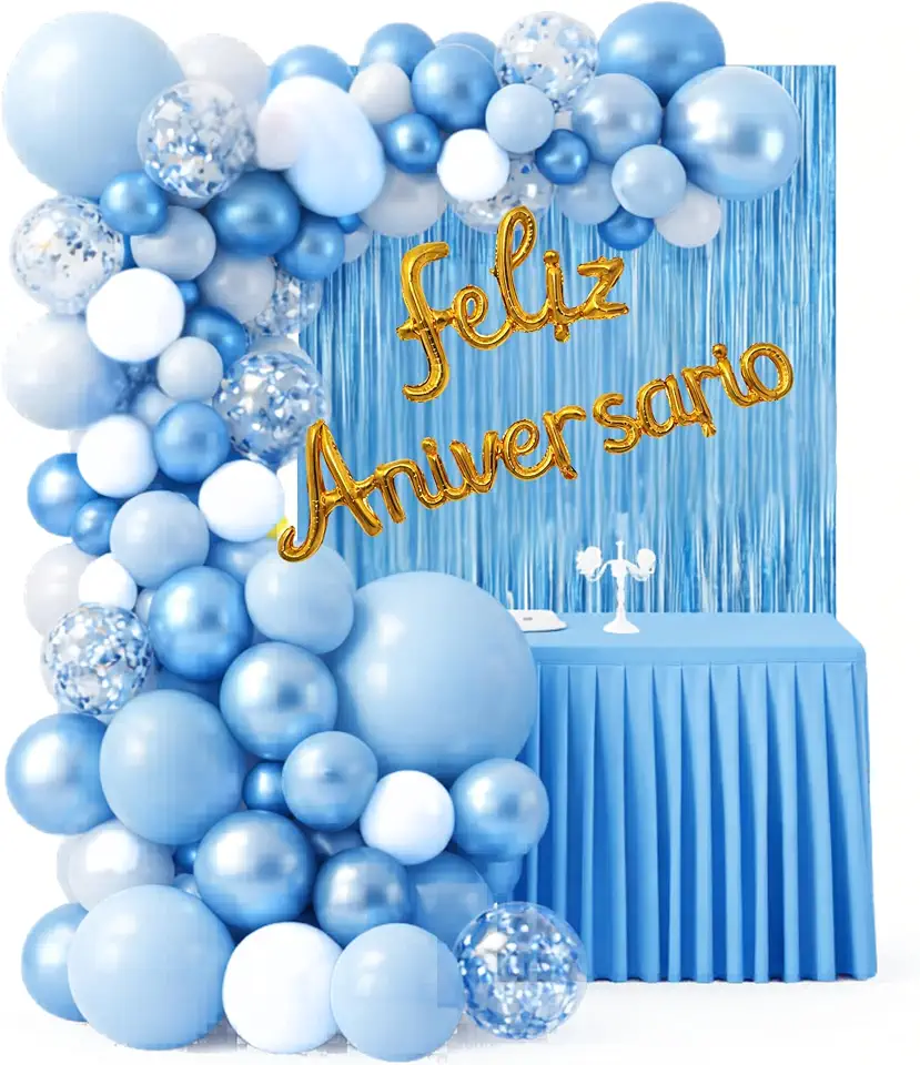 Kit Arco de Balões Desconstruído Decoração de Festa Aniversário Completo com Balões Feliz Aniversário, Cortina Metalizada, Toalha de Mesa e Arco Desconstruído (118 Peças, Azul)