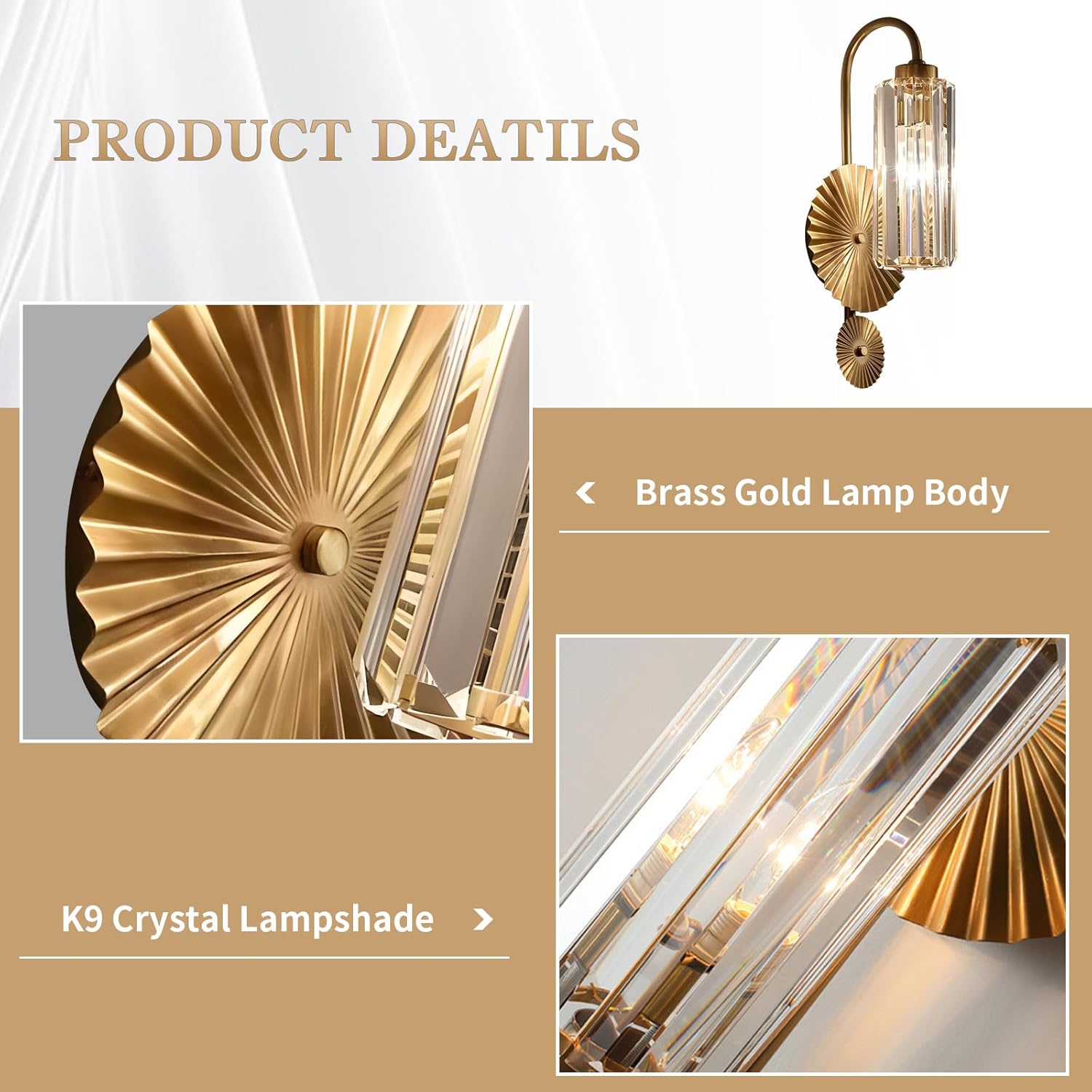 KCO Lighting Crystal Gold Gooseneck Sconce Brushed Brass Bathroom Wall Sconce Mid Century Modern Wall Light Fixture for Bedroom Hallway