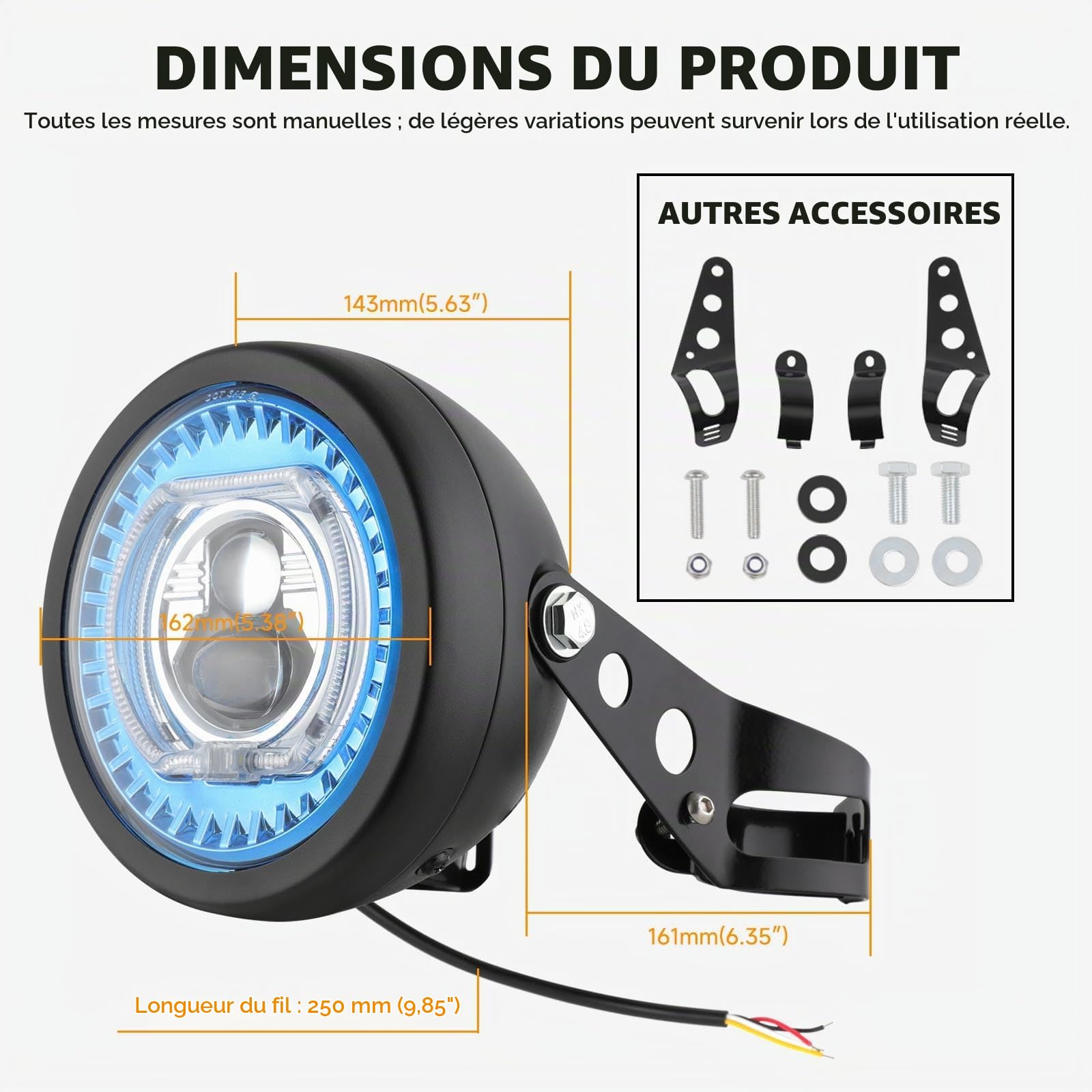 DREAMIZER Phare LED Moto 5,75 Pouces avec Supports, Éclairage Universel et Étanche Compatible avec Harley Yamaha Honda Kawasaki Cafe Racer Bobber Chopper