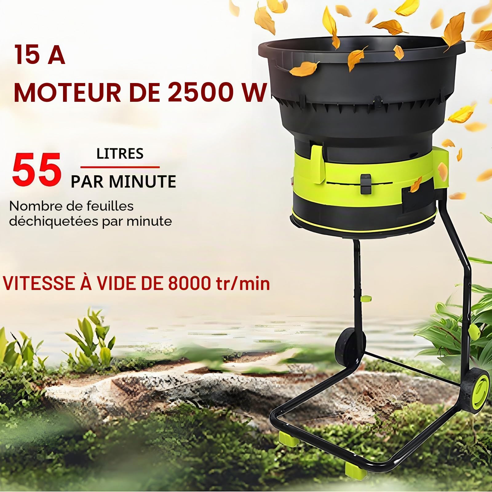 2500w Broyeur à Feuilles électrique Broyeur De Compost Broyeur De Branches Hachoir à Feuilles Broyeur De Feuilles De Jardin,Diamètre De L'entonnoir 54 Cm pour Nettoyage Cour Nopowercord