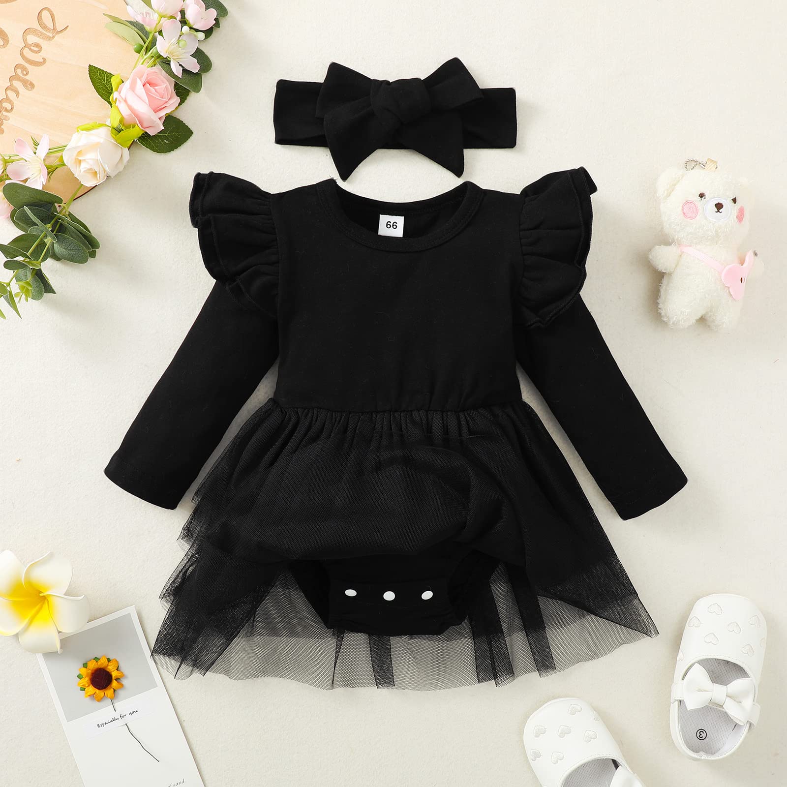 Baby Girl Ruffle Sleeve Romper Dress Outfit Newborn Princess Tulle Dresses Infant Jumpsuit Tutu Skirt Set Clothes (Black-Long Sleeve, 3-6 Months)