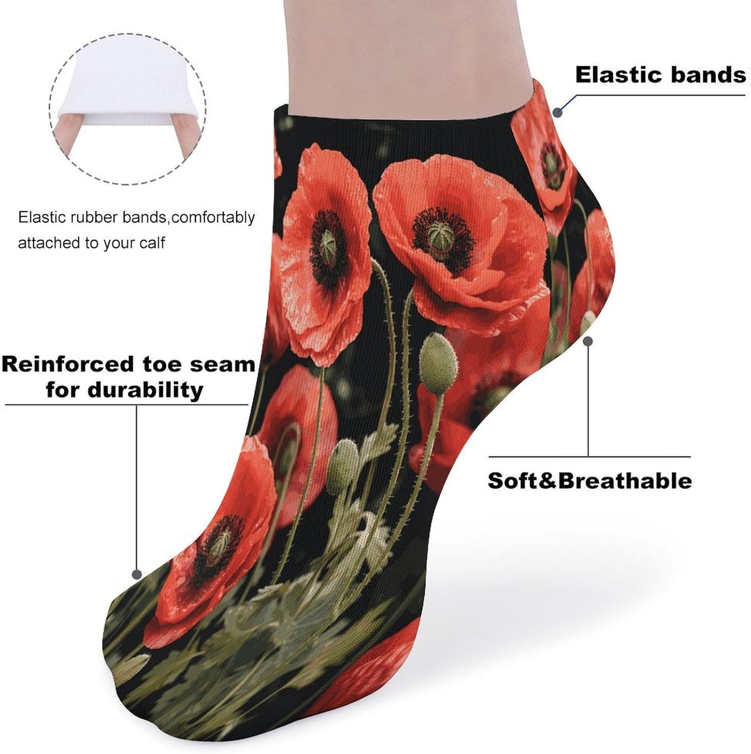 Red Poppy Flowers Leaves Ankle Socks for Men Women 5 Pairs | Comfortable Casual Low Cut Socks, Lightweight No Show Breathable Athletic Socks, Soft Mini Crew Socks for All Seasons