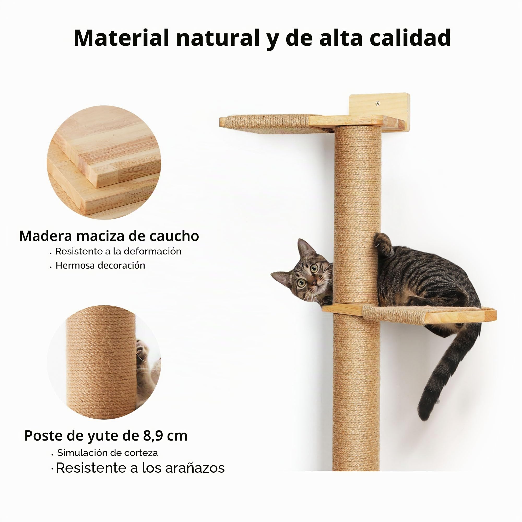 FUKUMARU Torre de 5 Niveles para Gatos 206 cm Madera de Caucho Natural Montado en Pared
