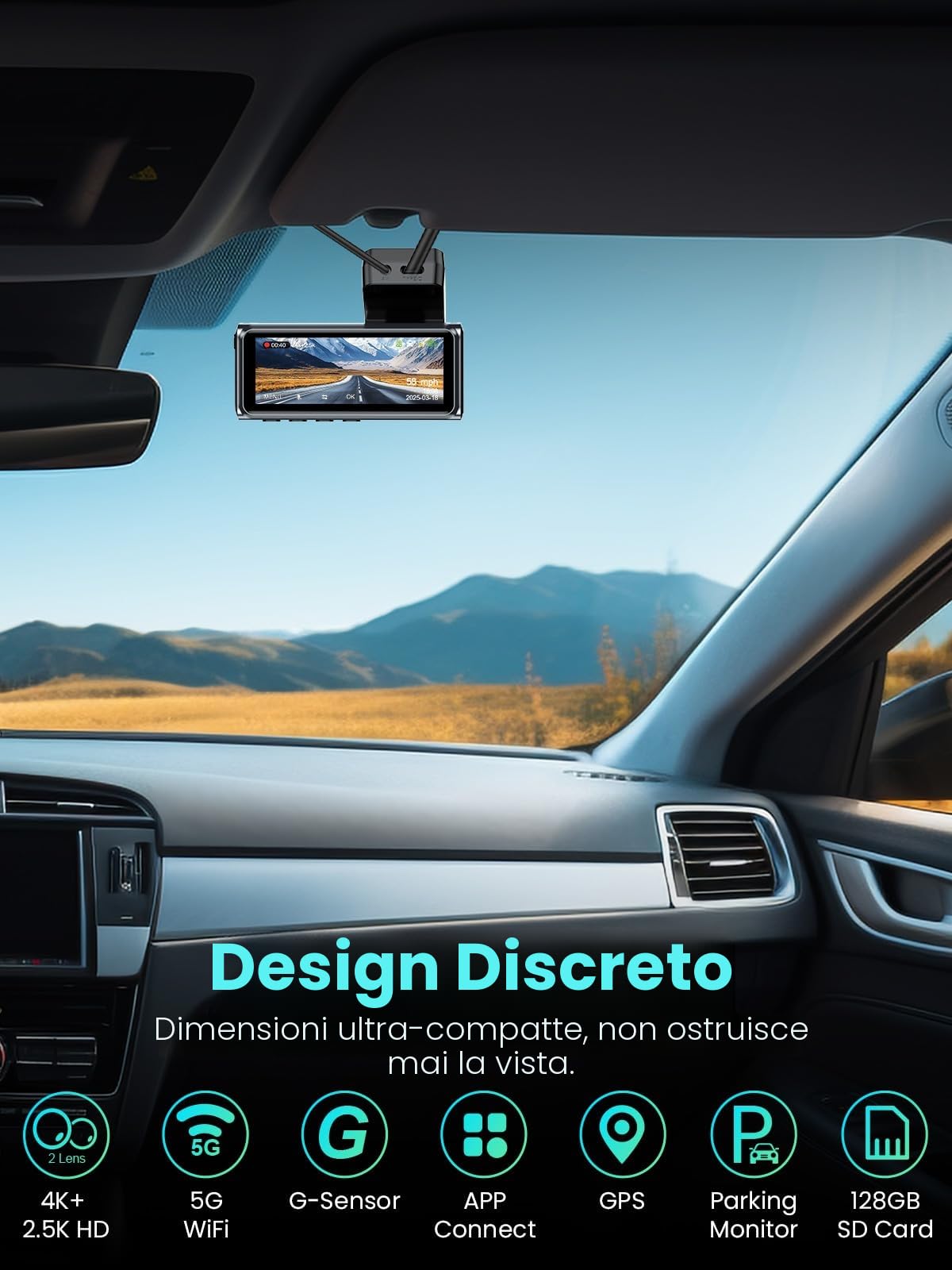 R5 Pro Dash Cam 4K/2.5K per Auto, Telecamera Doppia Anteriore e Posteriore, WiFi 5GHz, GPS, SD 128GB Inclusa, Schermo IPS 3.16", Parcheggio 24H, Visione Notturna, G-Sensor, 256GB Max