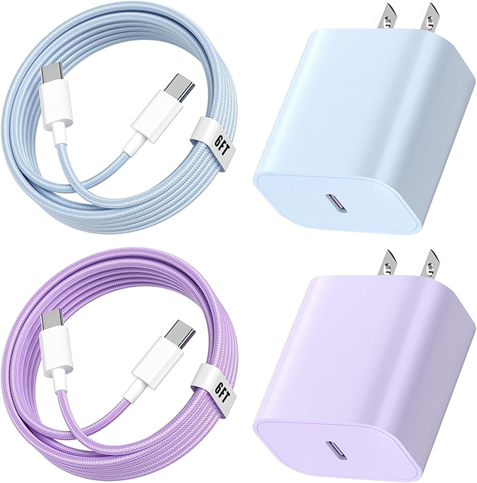 20W快充USB-C充电器适用于iPhone 16/15 Pro Max，含6FT尼龙编织快速充电线（蓝色/紫色）