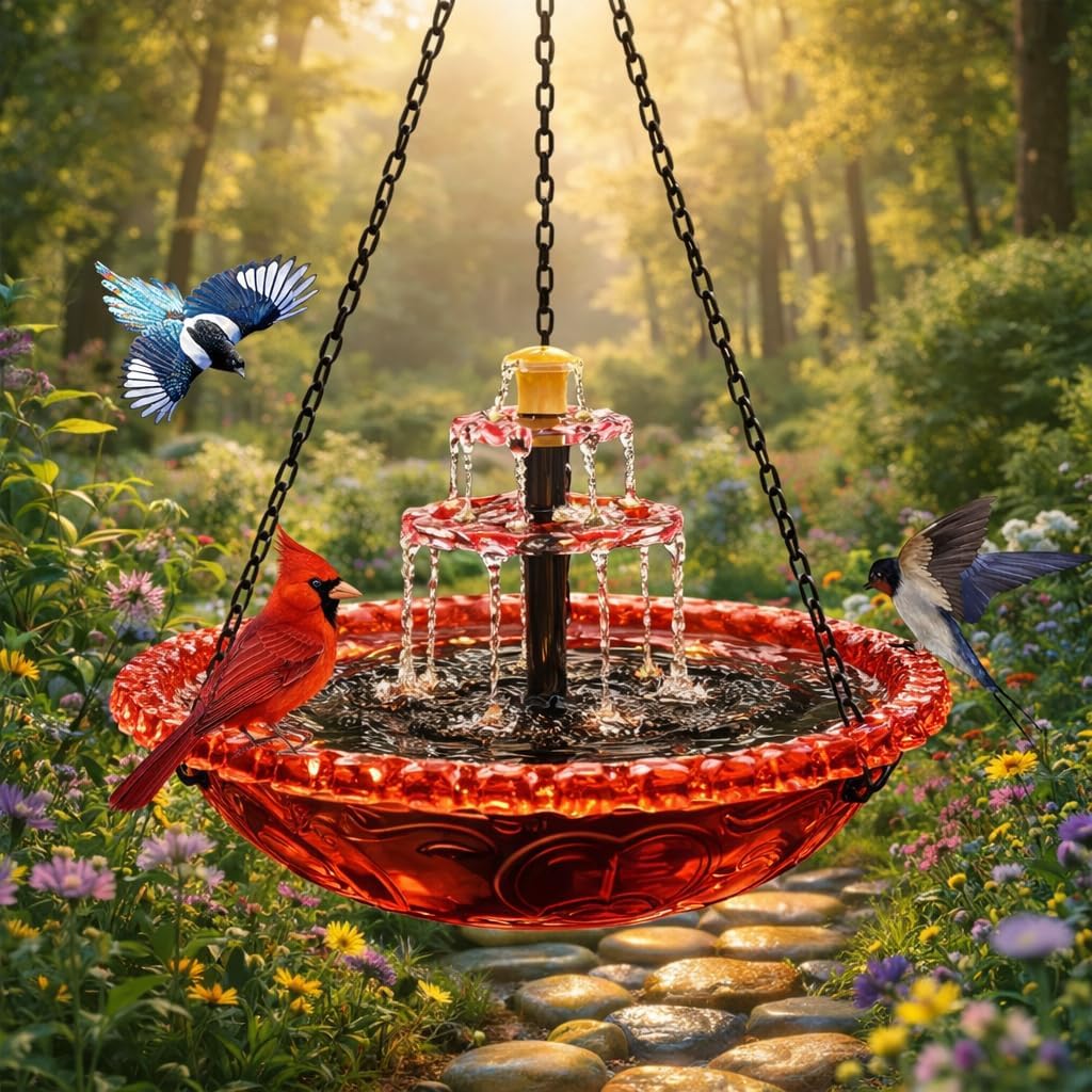 Solar Cascade Hanging Bird Bath Fountain, Solar Powered Hanging Bird Bath with Glass Bowl, Outdoor Hanging Birdbath Water Fountain for Hummingbirds, Garden Patio Yard Decor, Blue (red)