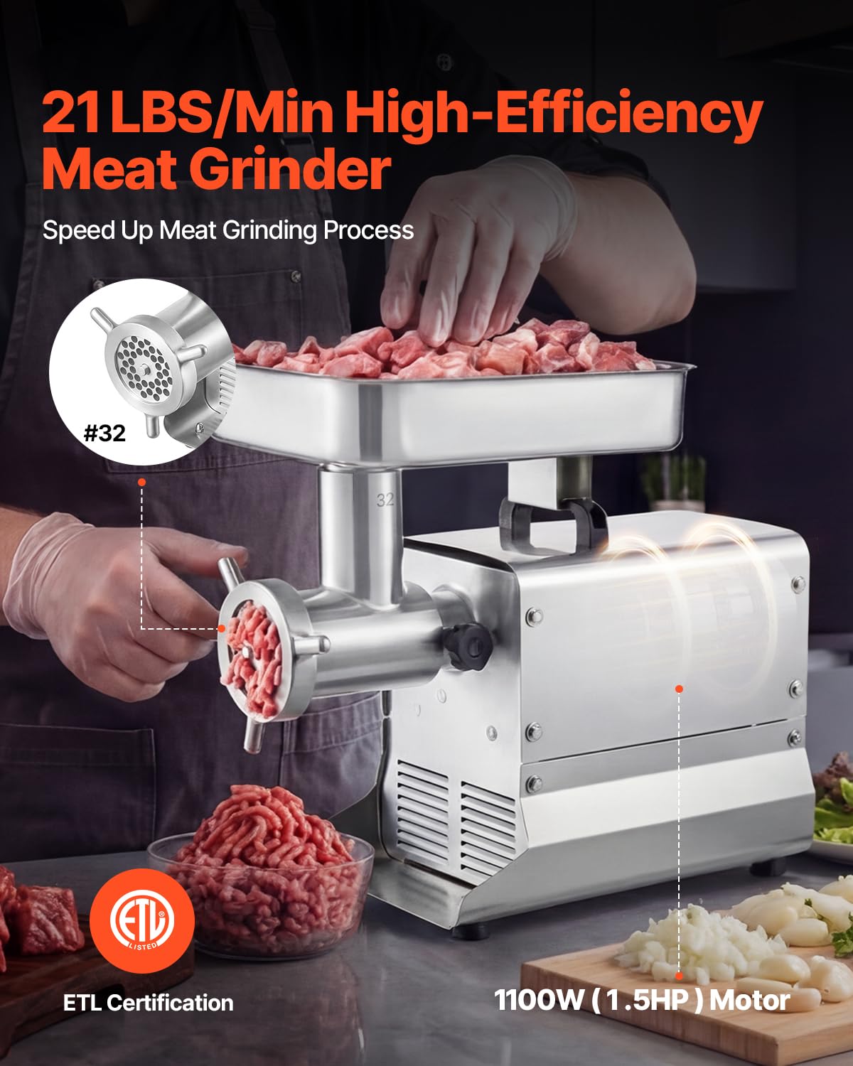 VEVOR Tritacarne Elettrica 1100 W da Cucina in Acciaio Inox, Tritacarne Capacità 9,5 kg/min con 3 Dischi 3 Tubi per Salsicce Salami Carne con Piedini Antiscivolo, Cucina Commerciale Ristorante Hotel
