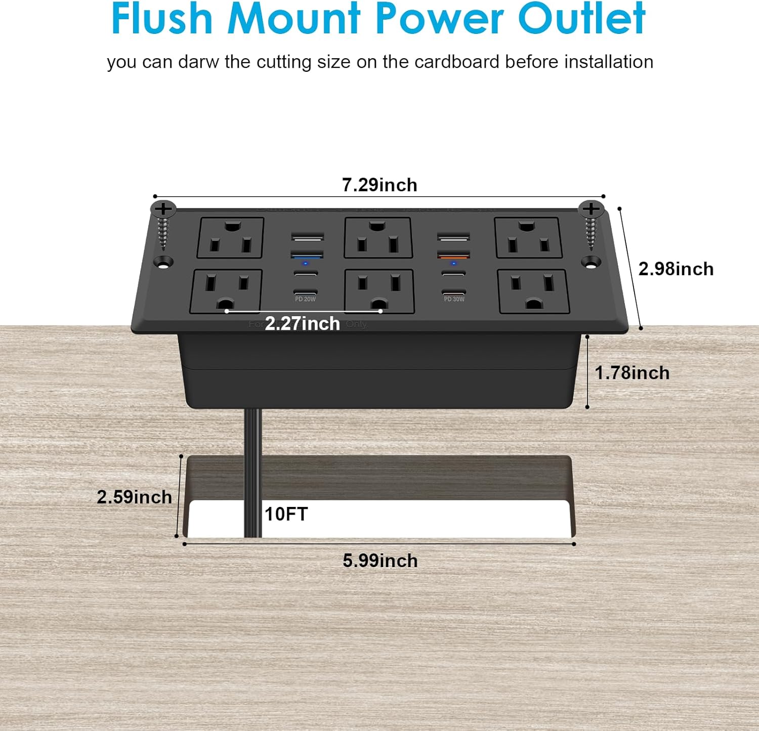 Recessed Power Strip, 30W PD USB-C & USB-A Fast Charging, Drawer Outlet Plug in 6 Outlets & 8 USB Ports, Furniture Flush Mount Desk Outlets for Conference Table, 10FT Cord Black