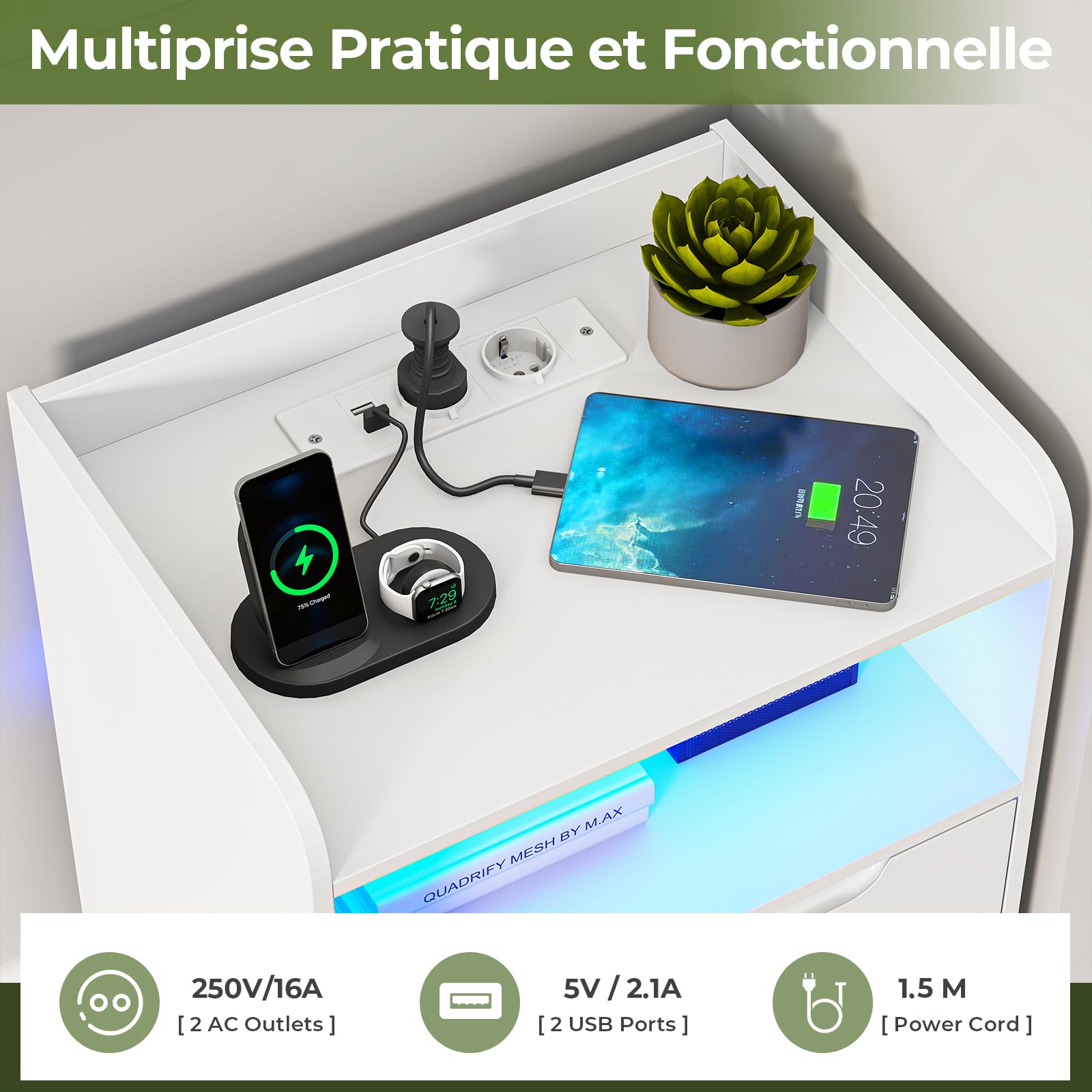 Brinlawb Table de Chevet Lot de 2 avec lumières LED et Multiprise (2 Prises CA, 2 Ports USB) Table de Nuit Lot de 2 avec 1 Compartiment Ouvert et 2 Tiroirs pour Salon, Chambre, Bureau, Moderne, Blanc
