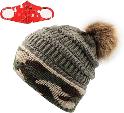 Kingbabe Winter Women Faux Fur Pompom Cuff Beanies Hats Knit Slouchy Ski Skull Camo Baggy Caps Girls Warm Hat