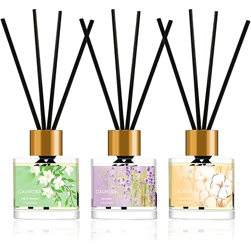 CALMORA Reed Diffuser Gift Set of 3, 50ml Home Fragrance Diffuser with 15 Reeds Sticks | Flameless Lily & Jasmine/Lavender/Fresh Linen Scented Oil for Women, Mom, Housewarming