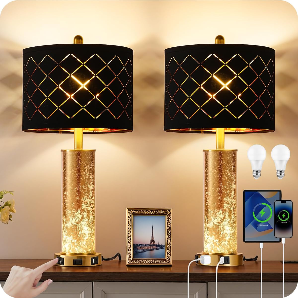 GOEBLESON 25.6 Black Table Lamps Set of 2 Tall Bedside Lamps with Nightlight