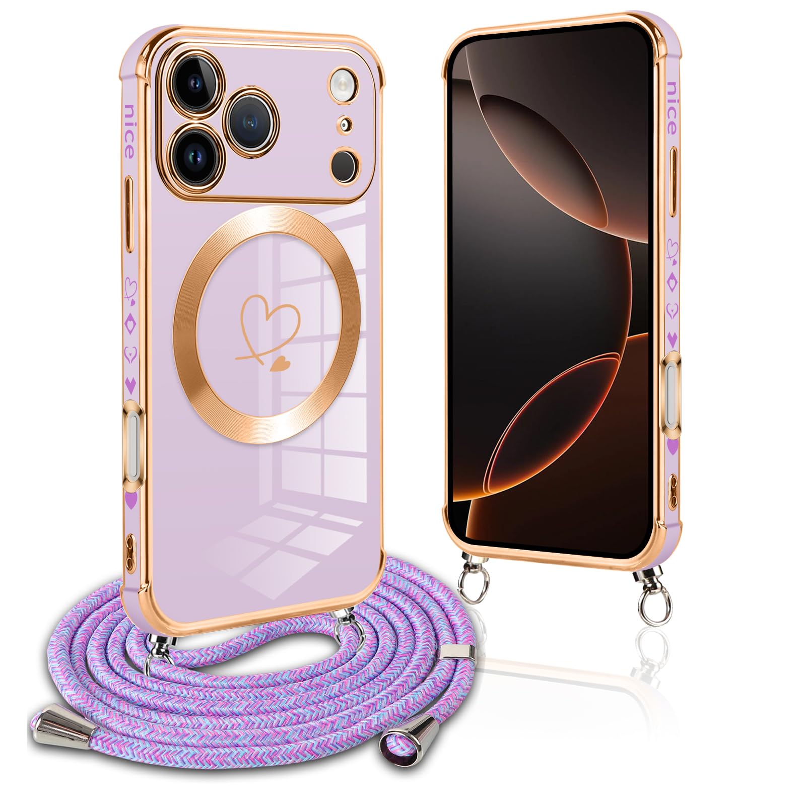 Pnakqil Magnetyczne etui na telefon 17 Pro Con Cordon, kompatybilne z MagSafe, silikonowe etui z motywem serca miłości z regulowaną smyczą, odporne na wstrząsy etui do telefonu 17 Pro 6,3", fioletowy
