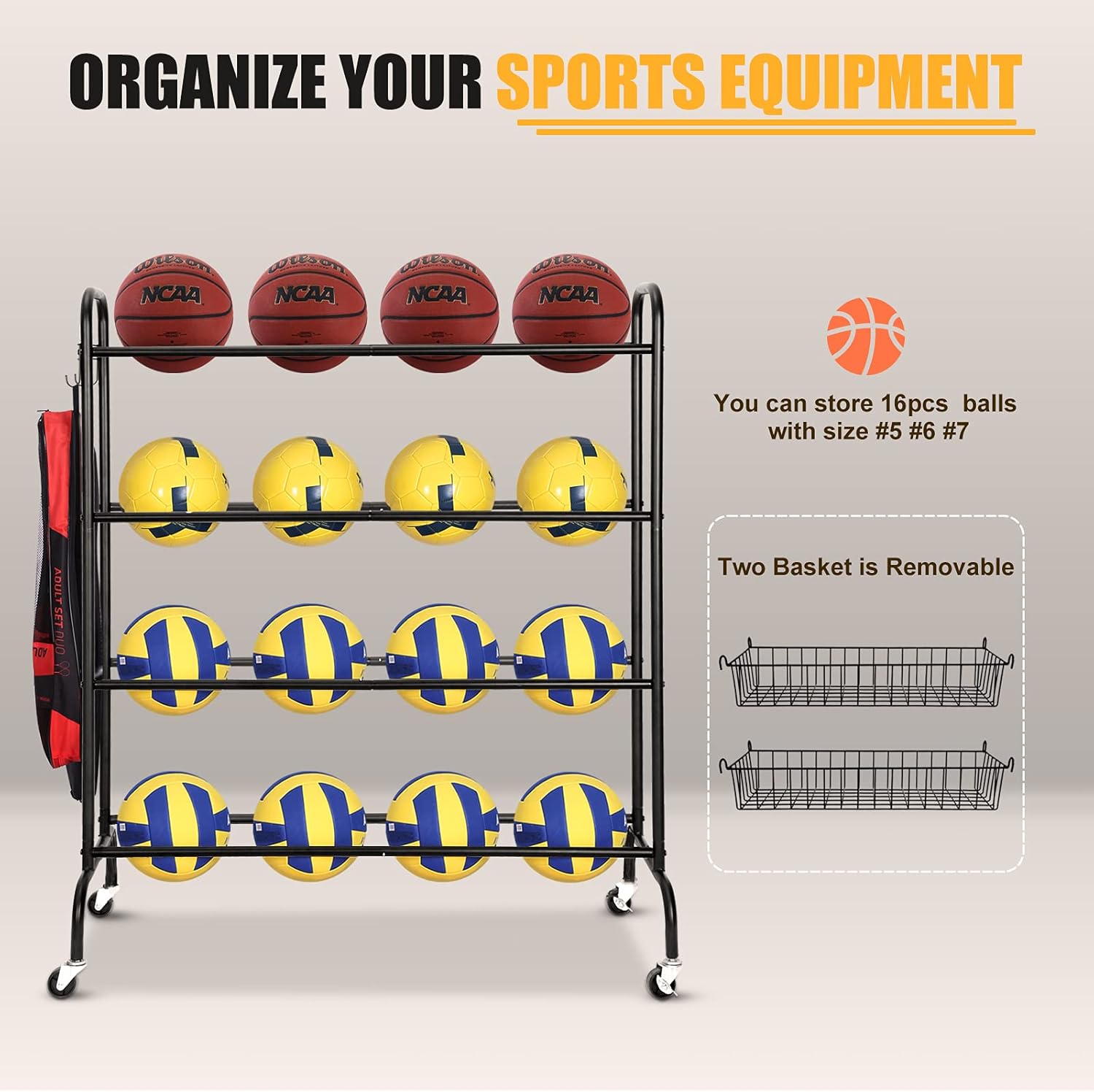 FHXZH Ball Storage Garage, Basketball Racks, Ball Holder, Rolling Sports Equipment Storage Cart with Baskets and Hooks, Garage Sports Equipment Organizer with Wheels : Sports & Outdoors