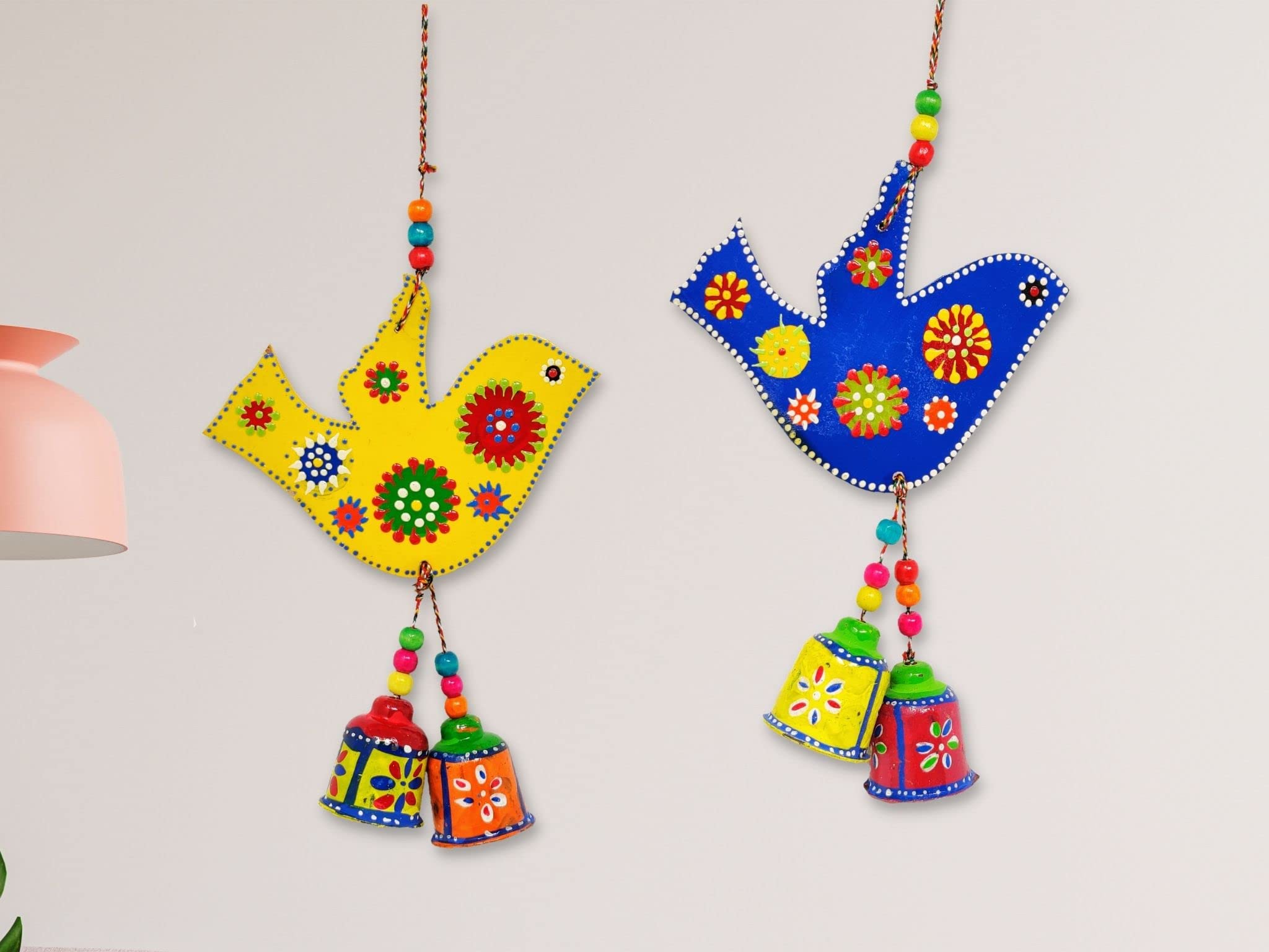 JH Gallery Handcrafted and Emboss Painted Colorful Wooden Birds Hangings for Wall/Garden Decor, Multicolor, (Pack of 1 Pair)