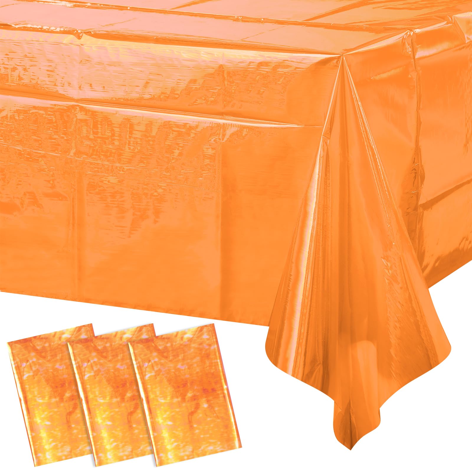 3 Pack Iridescent Orange Plastic Tablecloth, Shiny Orange Disposable Laser Rectangle Table Covers, Holographic Foil Tablecloth Party Decorations for Tequila Sunset Birthday Banquet Party, 40 x 108Inch