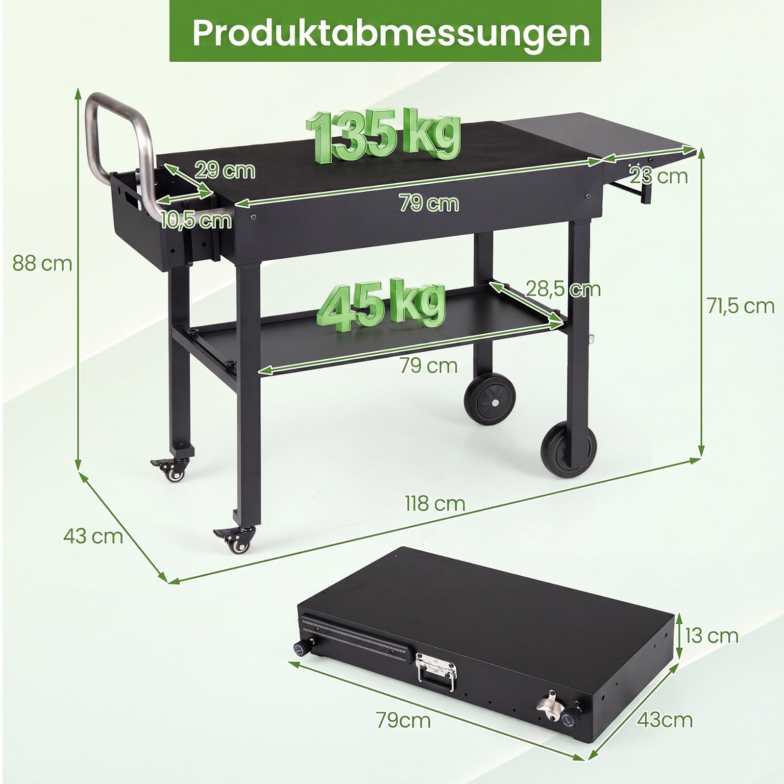 COSTWAY Grillwagen Outdoor, Grilltisch klappbar, Pizzatisch mit Seitentisch | Servierwagen Metall mit Rollen, Arbeitsfläche, Haken, Grill Beistelltisch wetterfest, für BBQ Partys Garten, 118 x 43 x 88 cm