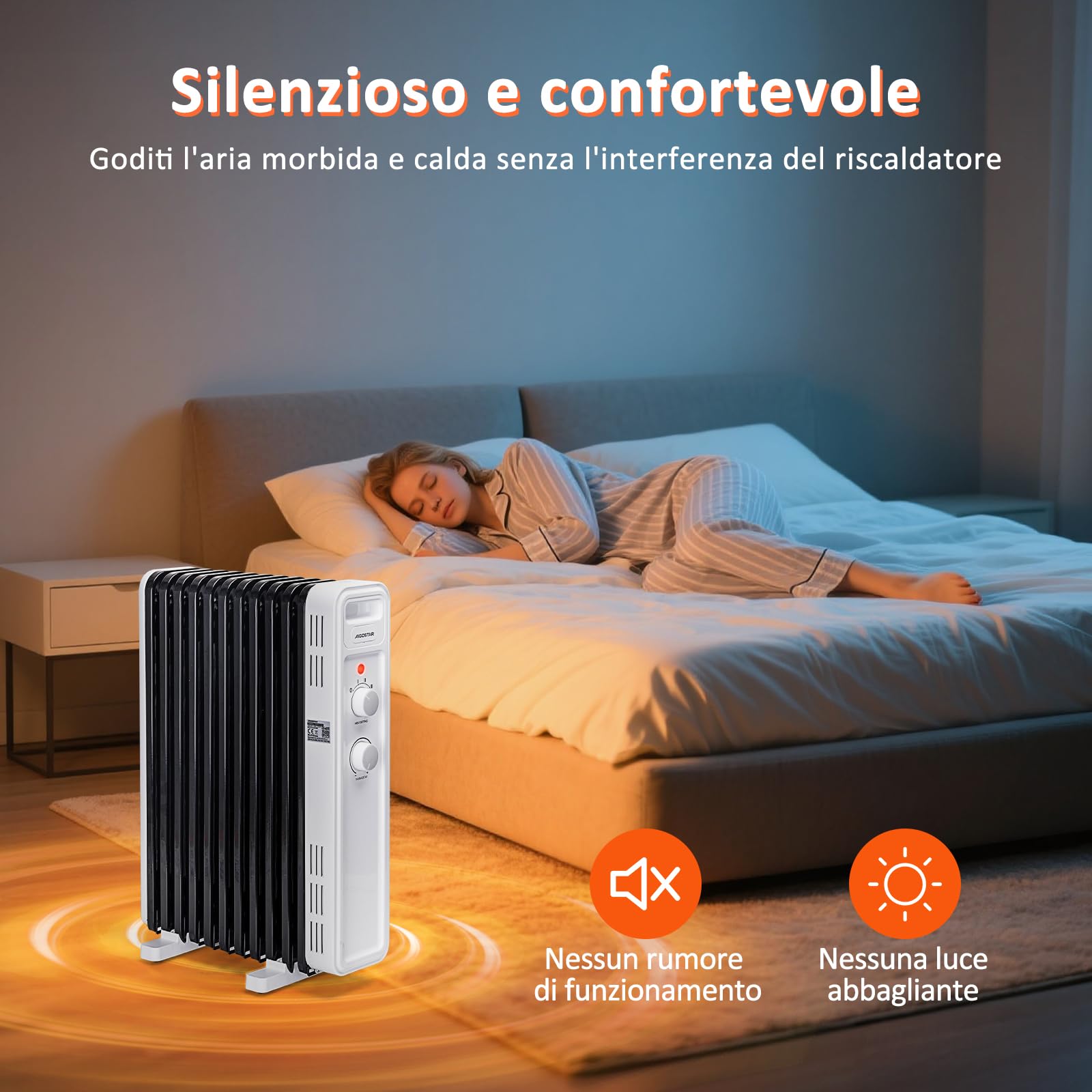 Aigostar Hubery - Radiatore ad olio portatile da 2500W. Radiatore elettrico 13 elementi, 3 livelli di riscaldamento, termostato regolabile e protezione a funzione di spegnimento