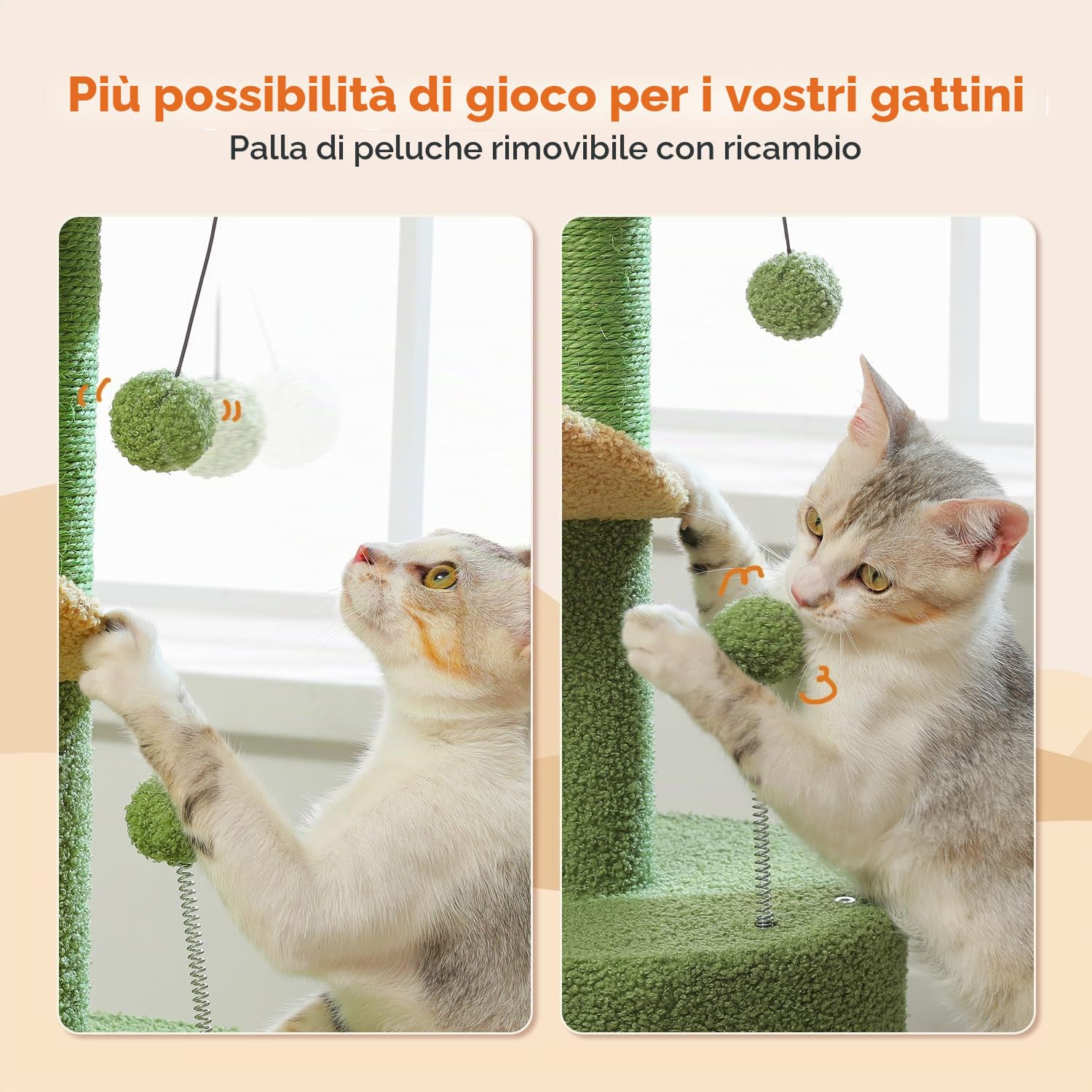 PETEPELA Tiragraffi da 78 cm, moderno cactus, per gatti di piccole dimensioni, dimensioni medie, con grotta di peluche, sfera in sisal