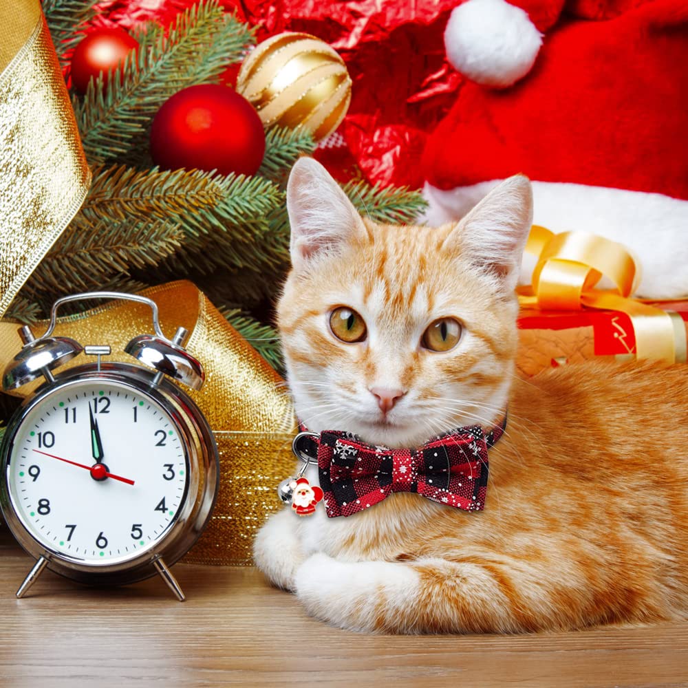 YUJUN 3er-Pack Weihnachts-Katzenhalsbänder mit Fliege und Glocke, verstellbar, kariert, Schneeflocke, Halsband, Schnalle, Sicherheit für Welpen, Kätzchen