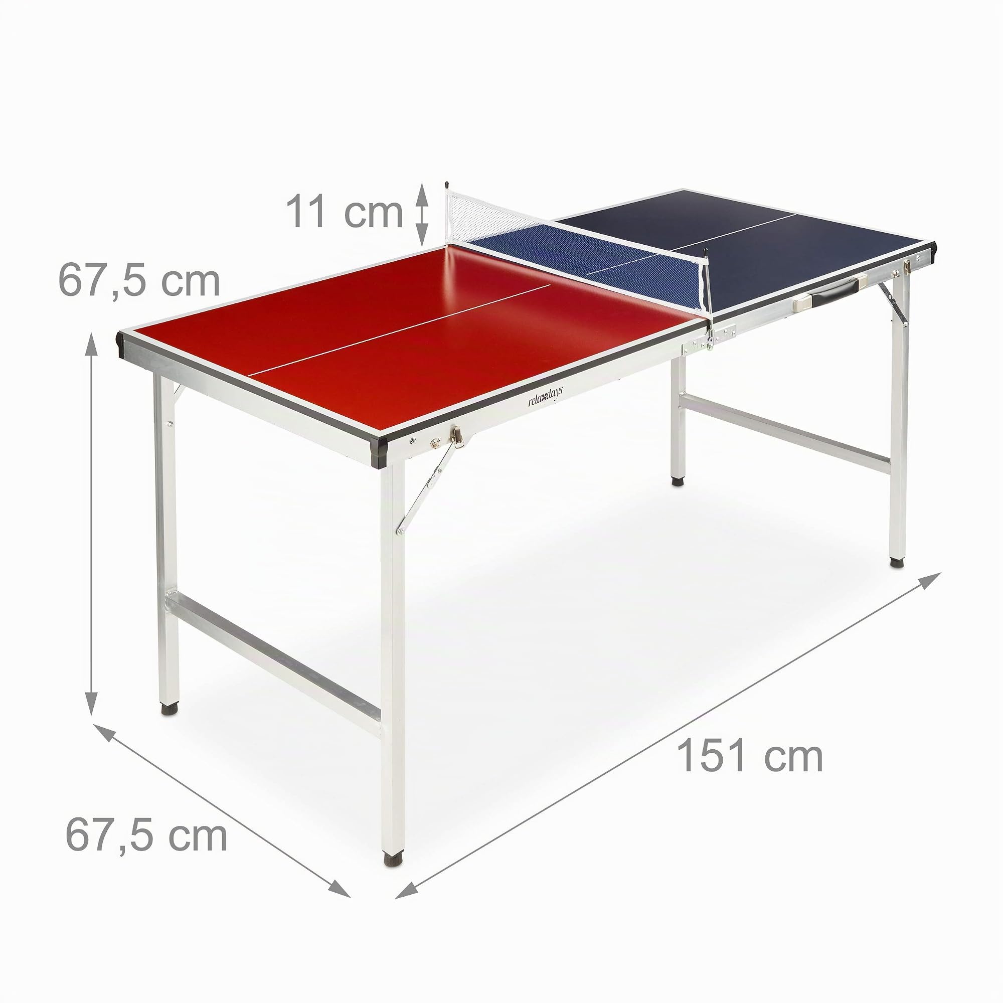 Relaxdays Klappbare Tischtennisplatte, tragbar, Netz, 2 Schläger, 3 Bälle, Alu, MDF, HBT: 67,5 x 151 x 67,5 cm, blau/rot